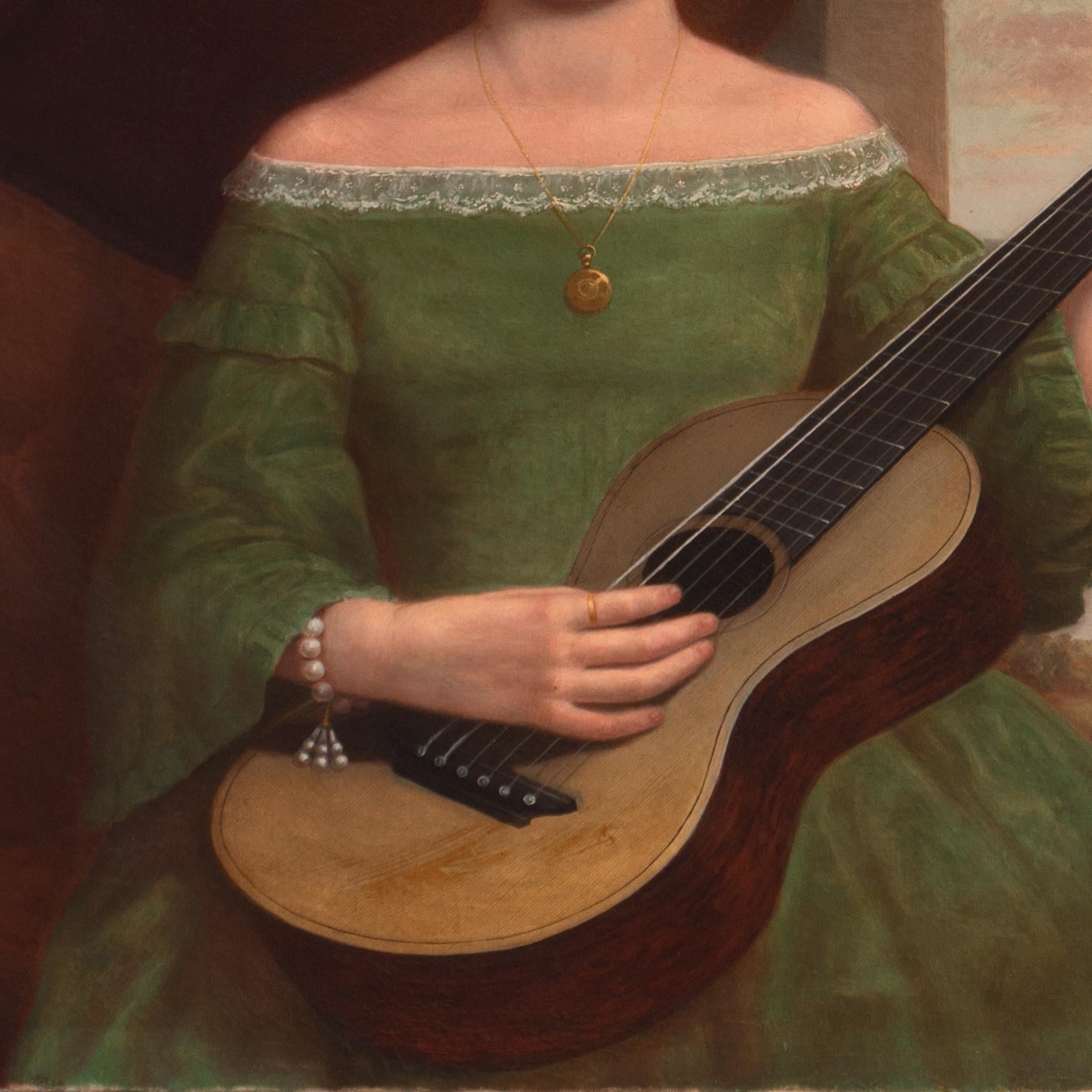 'Young Lady Playing a Guitar', St. Louis Socialite, Early Cincinnati Photography - Realist Painting by J. Reid