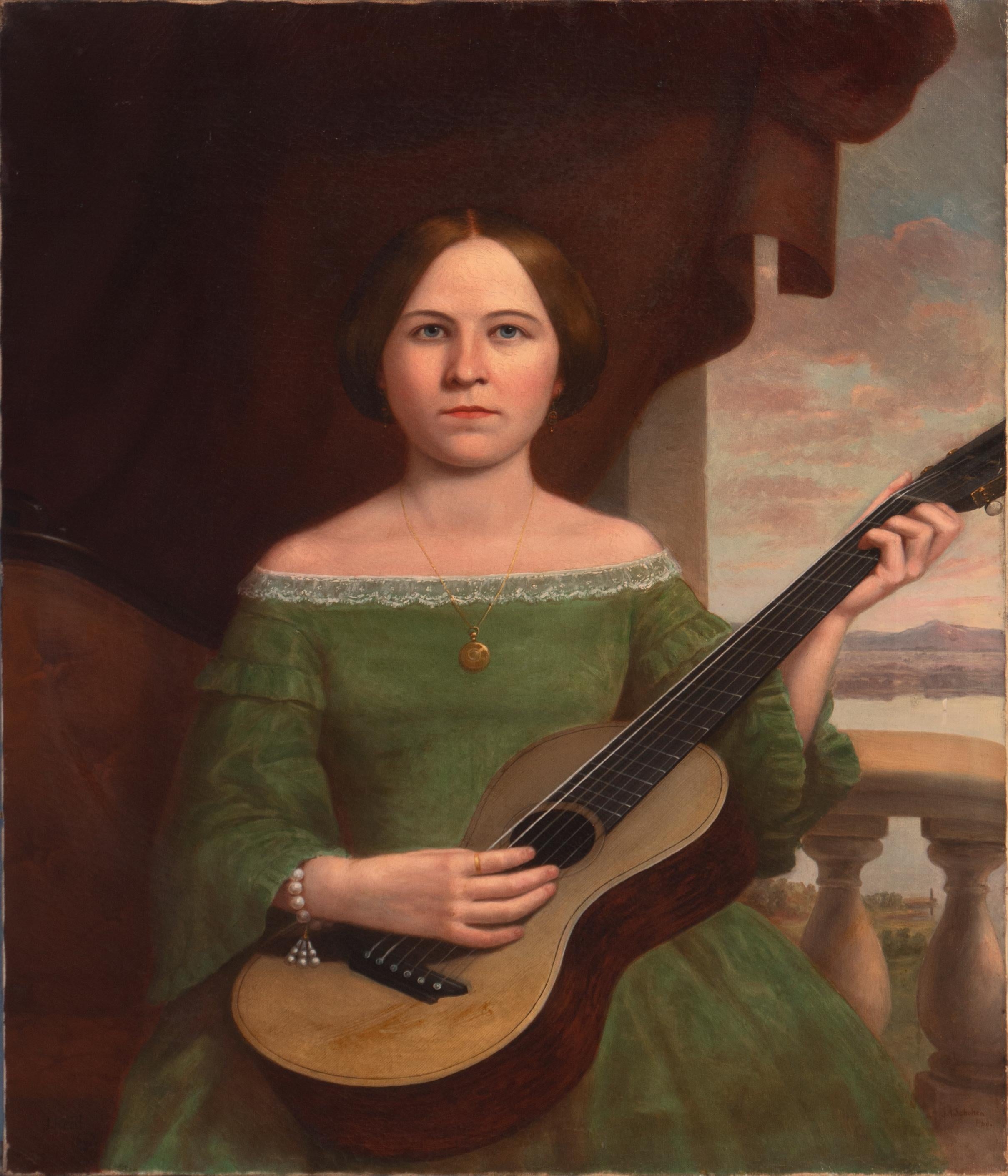 J. Reid Figurative Painting - 'Young Lady Playing a Guitar', St. Louis Socialite, Early Cincinnati Photography
