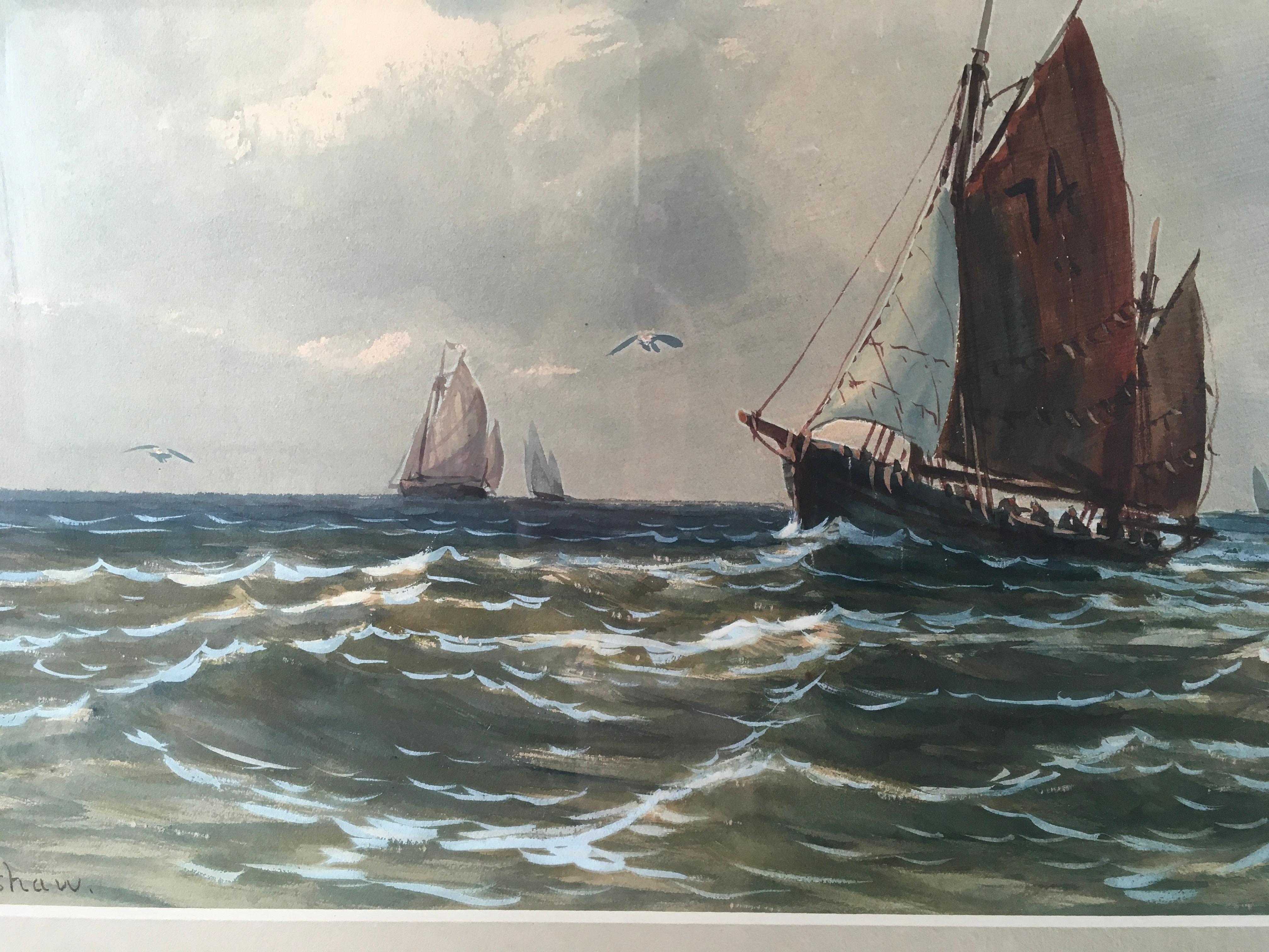„Segelboote auf windigen Wassern“, von J. Renshaw, Aquarellgemälde im Angebot 4