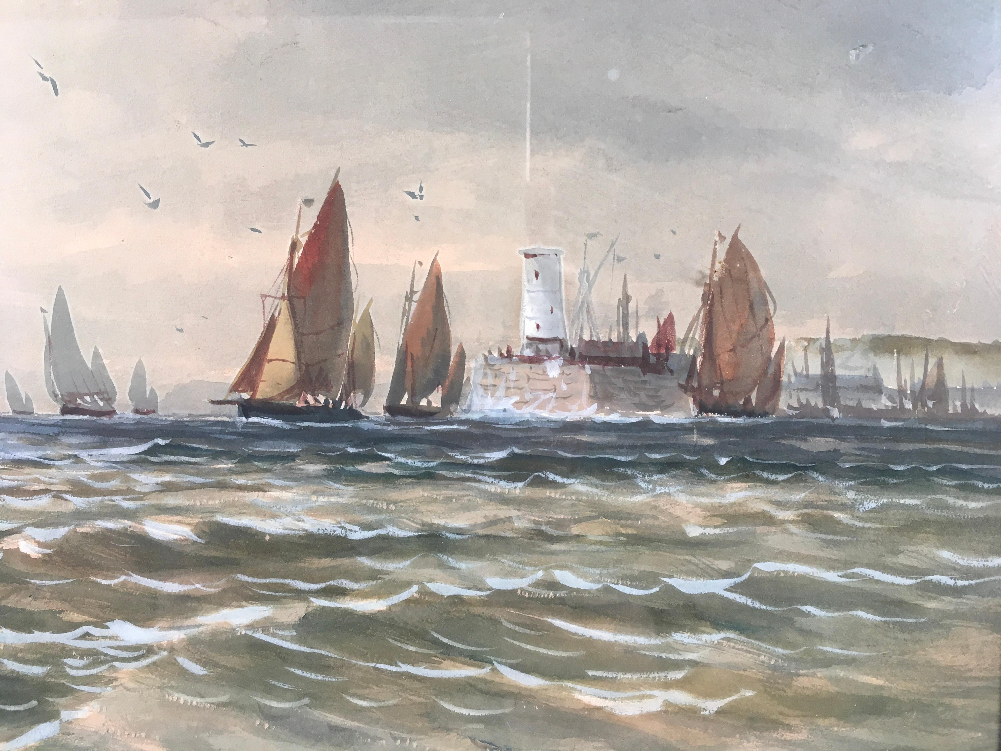 'Sailboats on Windy Waters', by J. Renshaw, Watercolor Painting For Sale 4