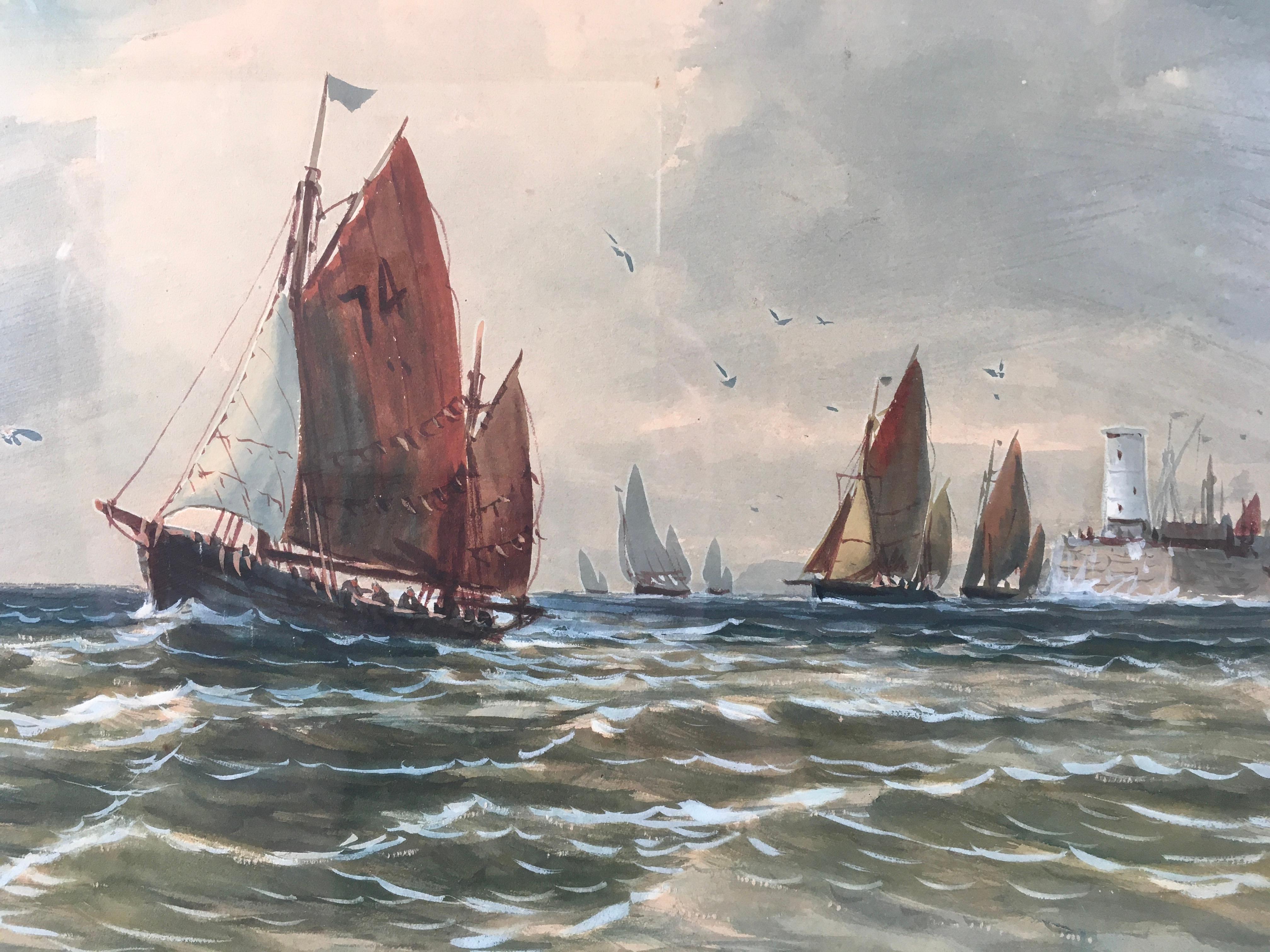 „Segelboote auf windigen Wassern“, von J. Renshaw, Aquarellgemälde im Angebot 6