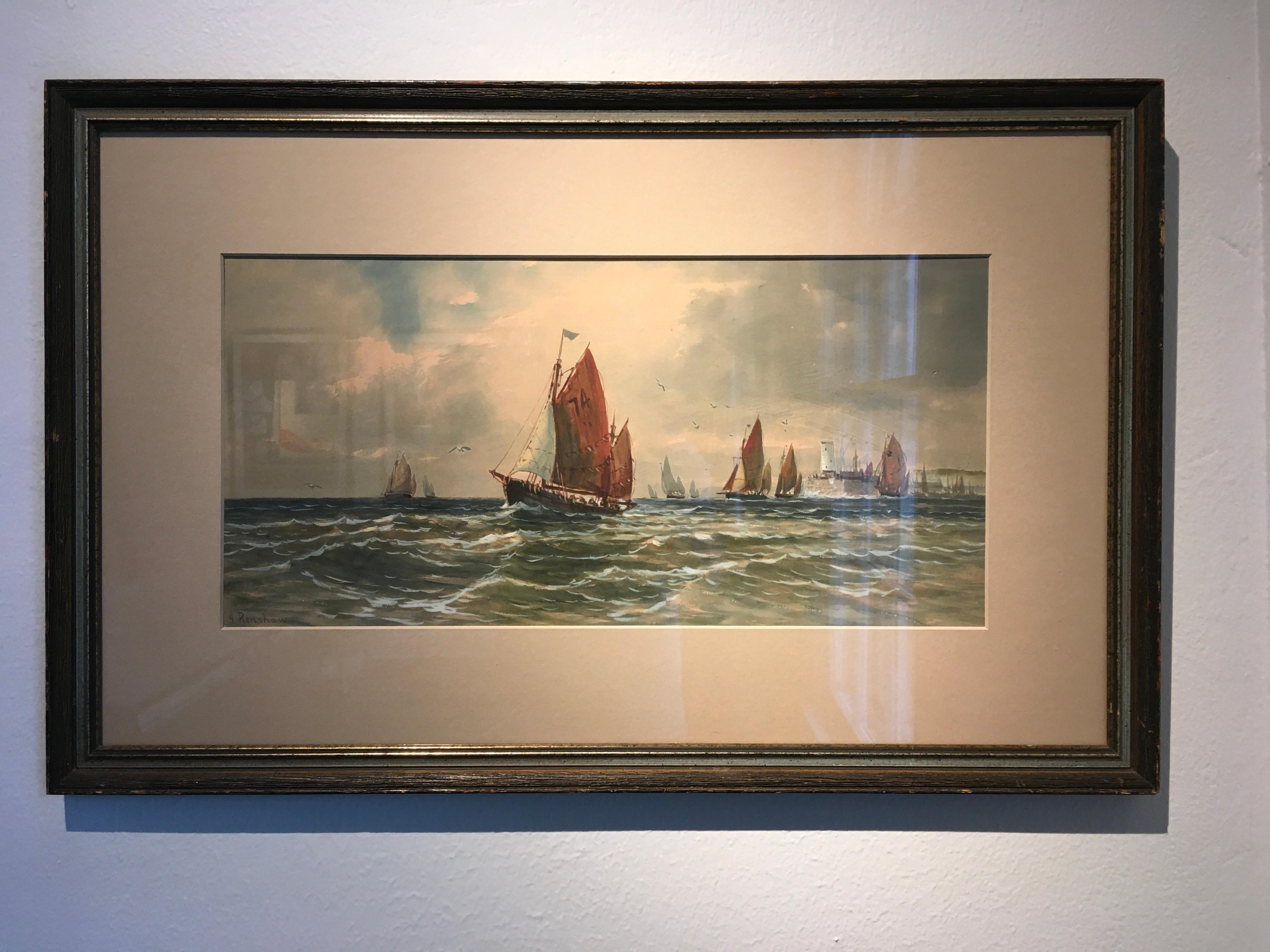 Cette aquarelle de 9,25" x 19,375" est signée et attribuée à J. Renshaw (peut-être Joshua Renshaw). La peinture représente un paysage marin de voiliers sur un plan d'eau venteux. Il y a environ six voiliers qui sont clairement représentés, et