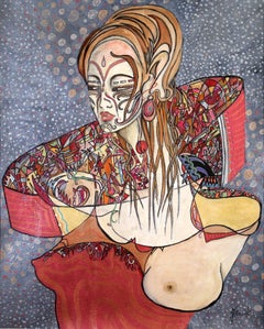 J. Renwick, signiertes Acrylgemälde auf Leinwand, Jugendstil, weibliche Figur, gerahmt