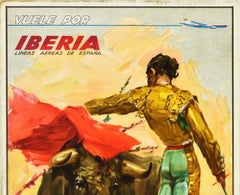 Original Vintage Travel Poster Fly With Iberia Airlines Matador Bull Fight Art