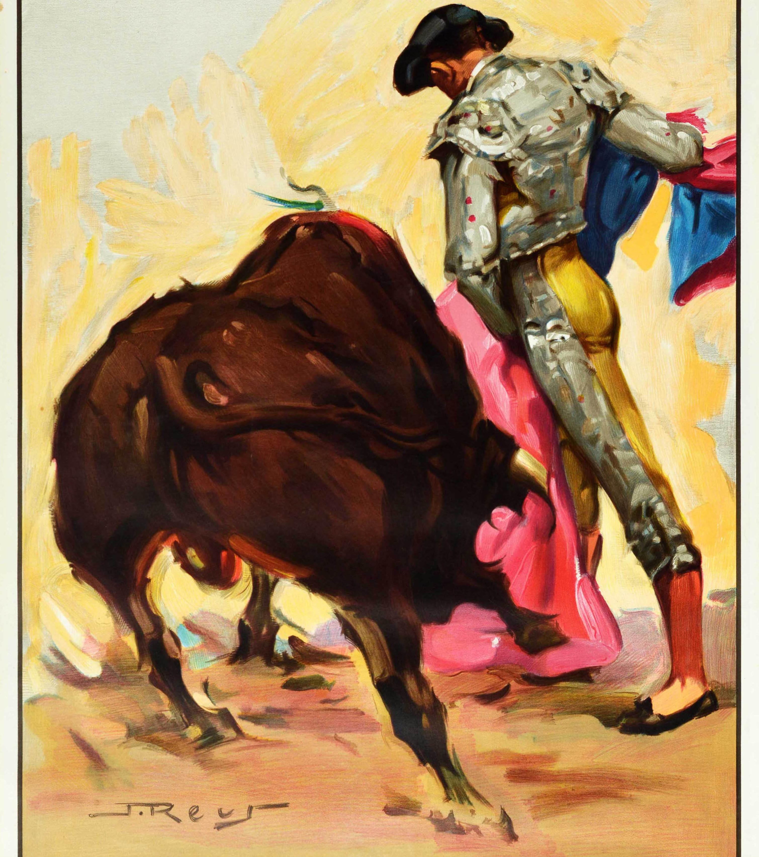 Poster di viaggio originale d'epoca - Vuele por Iberia Lineas Aereas de Espana / Vola con Iberia Airlines of Spain - con un'immagine colorata di una corrida con il torero che indossa un'uniforme tradizionale e tiene in mano un mantello colorato