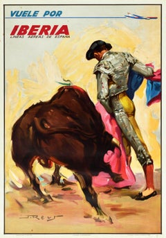 Poster di viaggio originale d'epoca Fly Iberia Airline Spagna Corrida Matador Arte