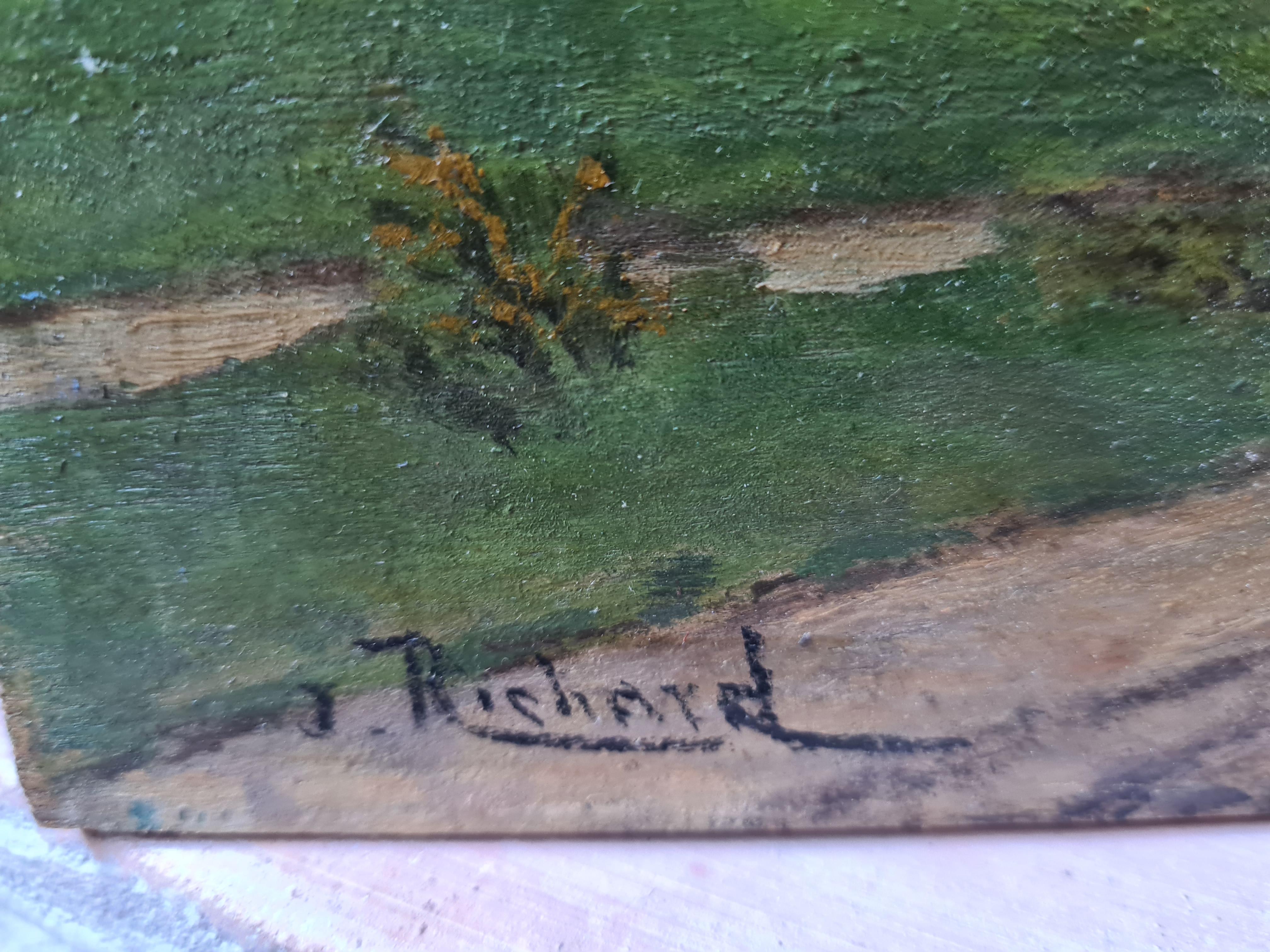 Paysage de l'école de Barbizon, Les peupliers, fin du XIXe siècle Huile sur panneau de bois - Painting de J Richard