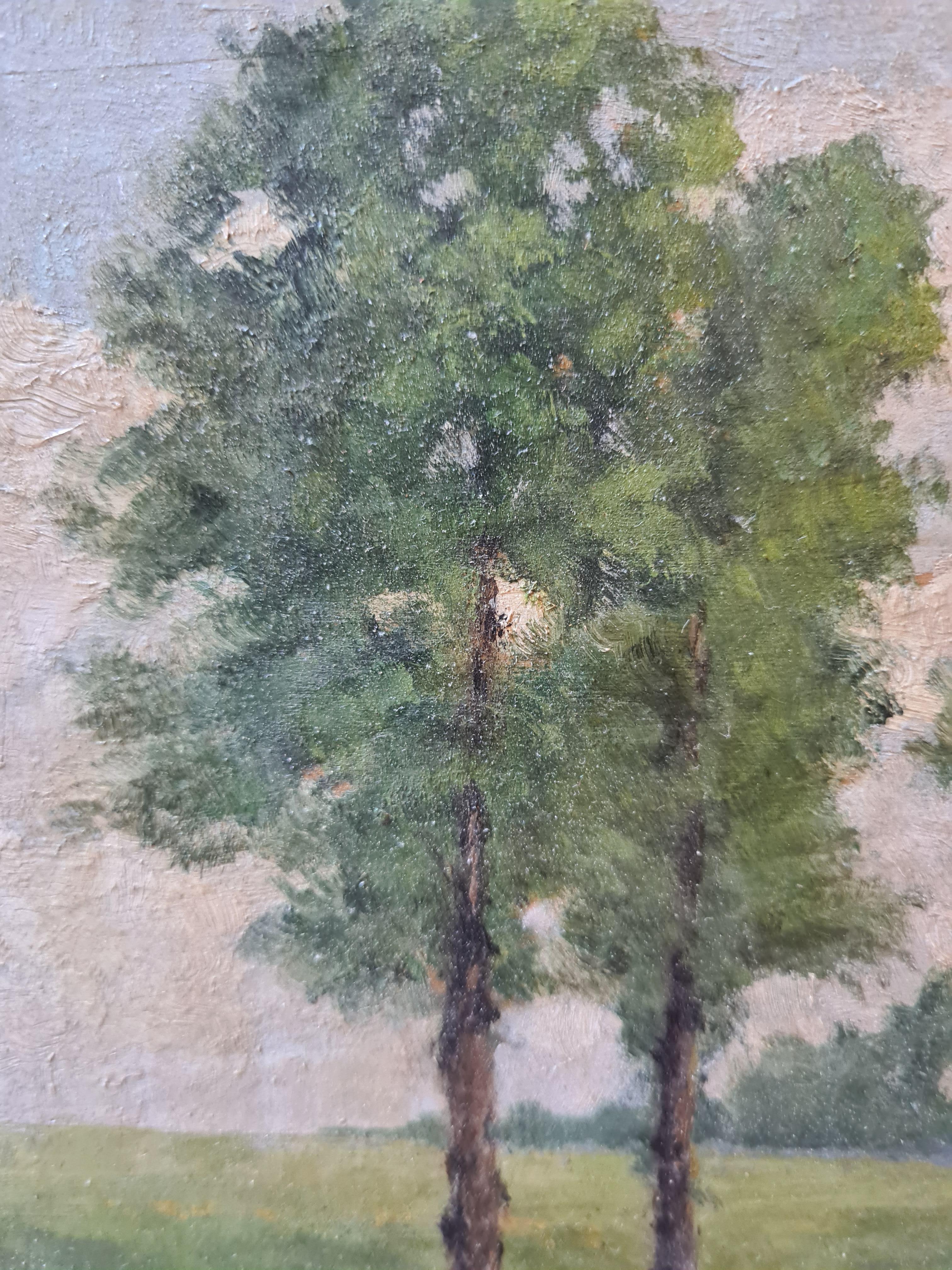 Paysage de l'école de Barbizon, Les peupliers, fin du XIXe siècle Huile sur panneau de bois - Gris Landscape Painting par J Richard