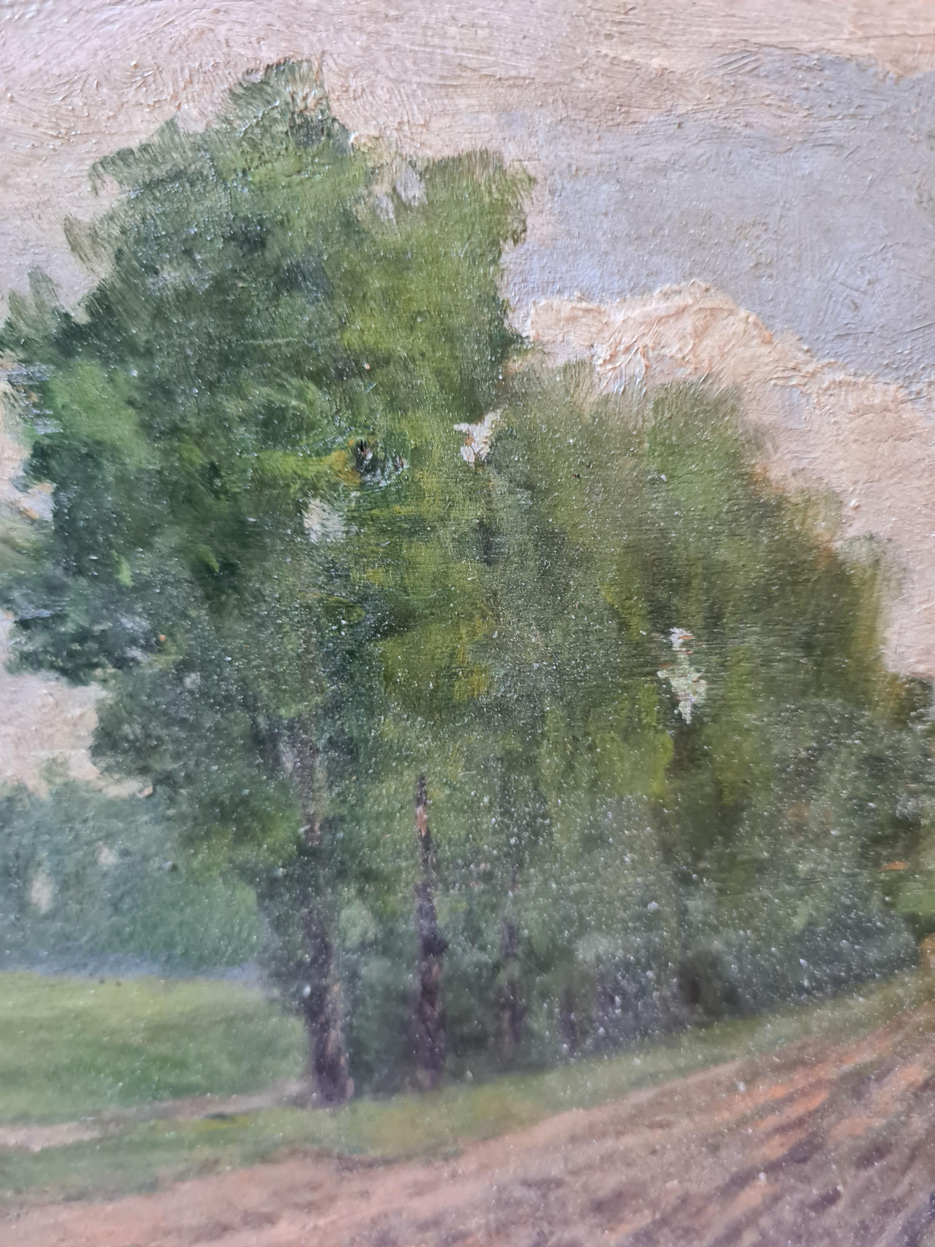 Fin du 19e siècle, huile sur panneau de bois de l'école de Barbizon, représentant des peupliers dans un paysage de Richard. Le tableau est signé en bas à gauche. La peinture est réalisée sur un panneau chanfreiné de qualité. 

Une représentation