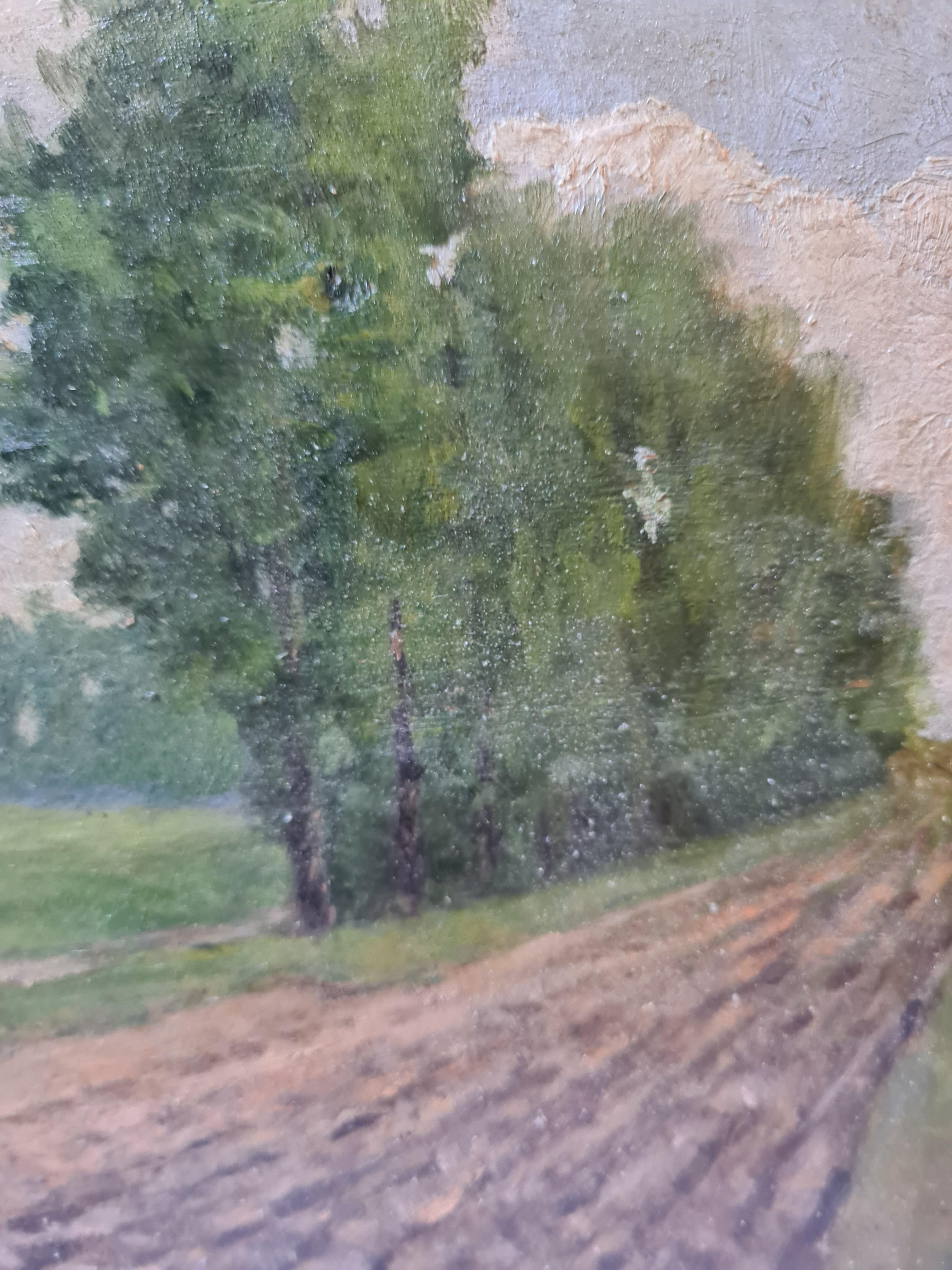 Paysage de l'école de Barbizon, Les peupliers, fin du XIXe siècle Huile sur panneau de bois en vente 4