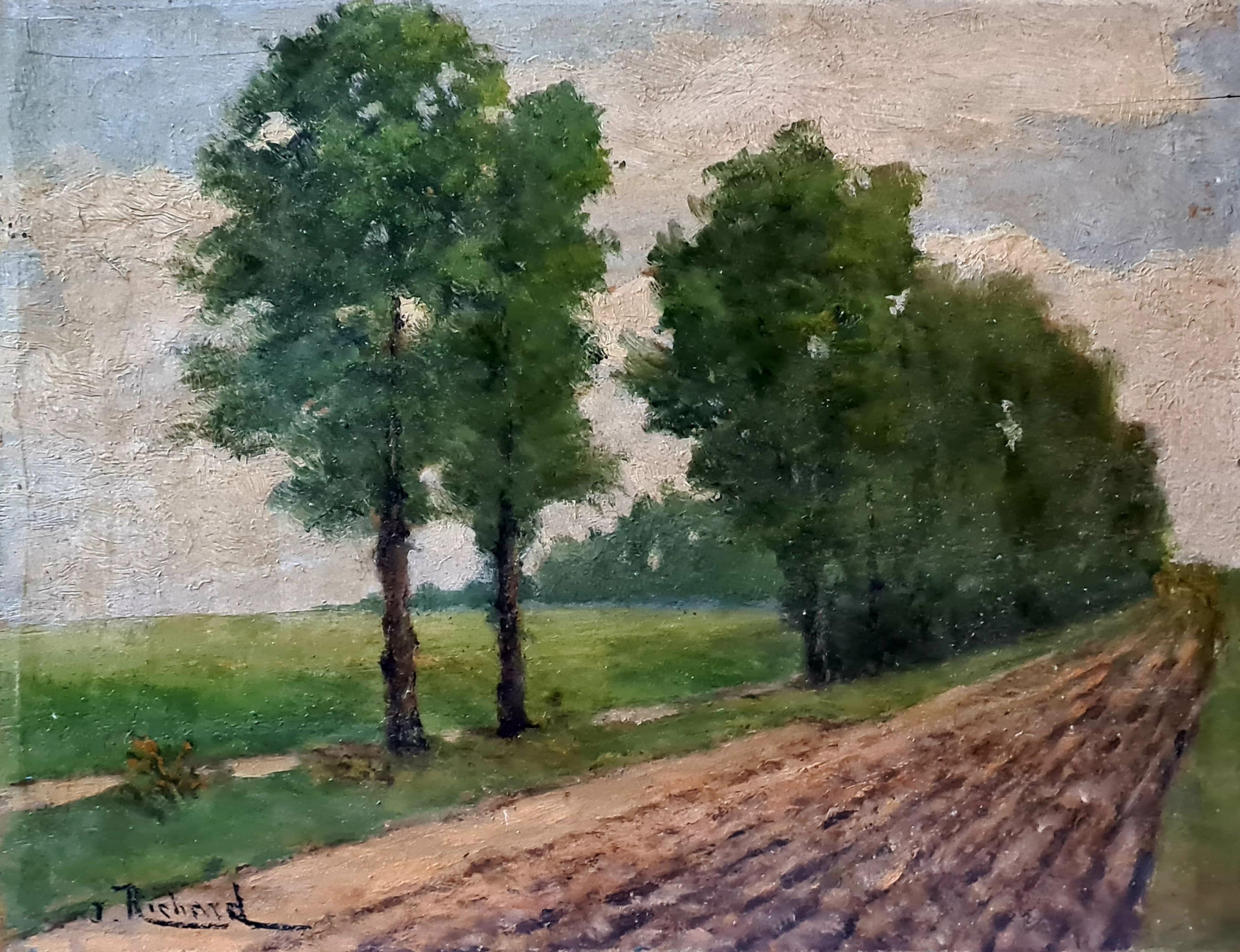 Landscape Painting J Richard - Paysage de l'école de Barbizon, Les peupliers, fin du XIXe siècle Huile sur panneau de bois