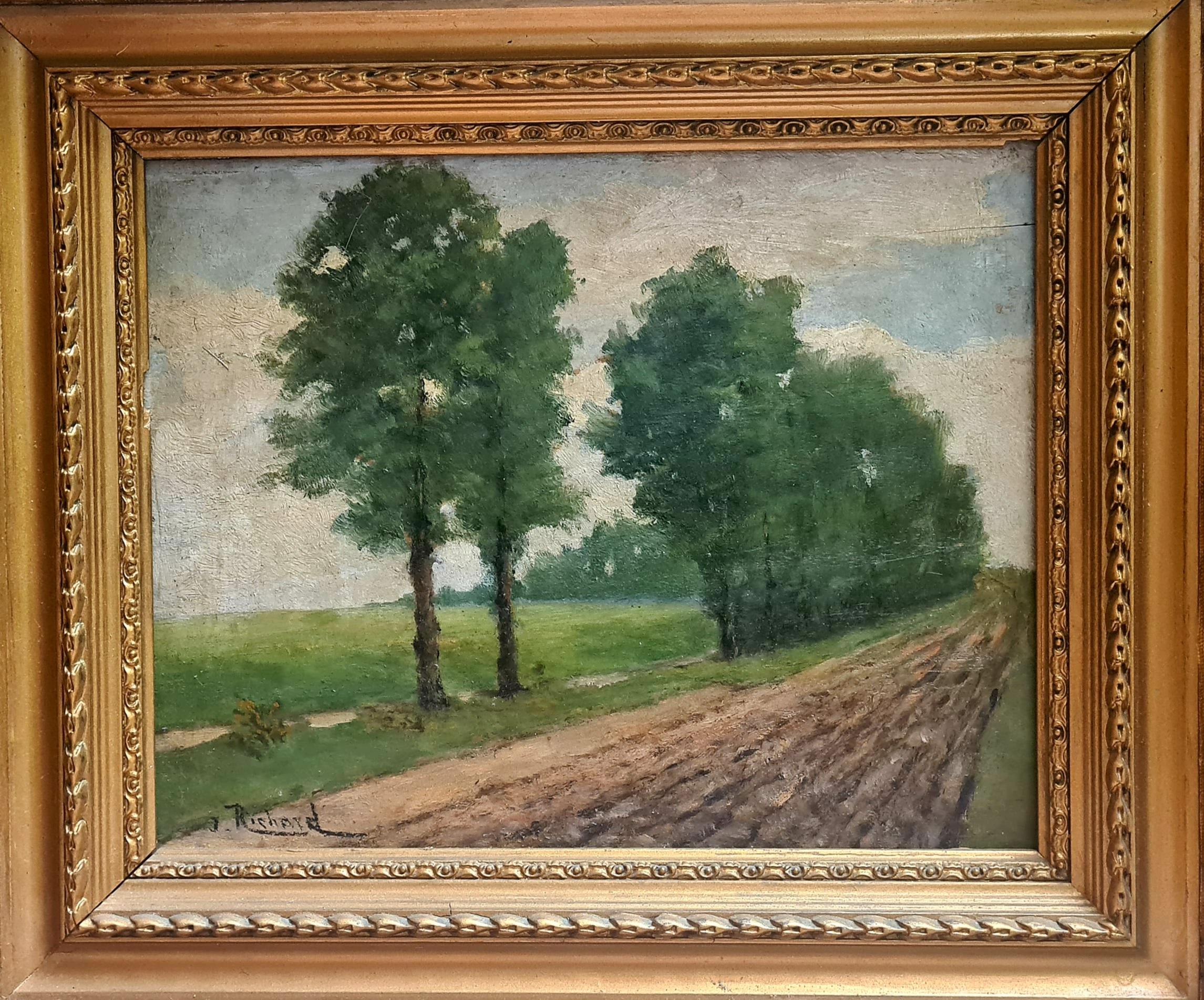 Paesaggio della Scuola di Barbizon, I pioppi. Olio su pannello di Wood. - Painting di J Richard
