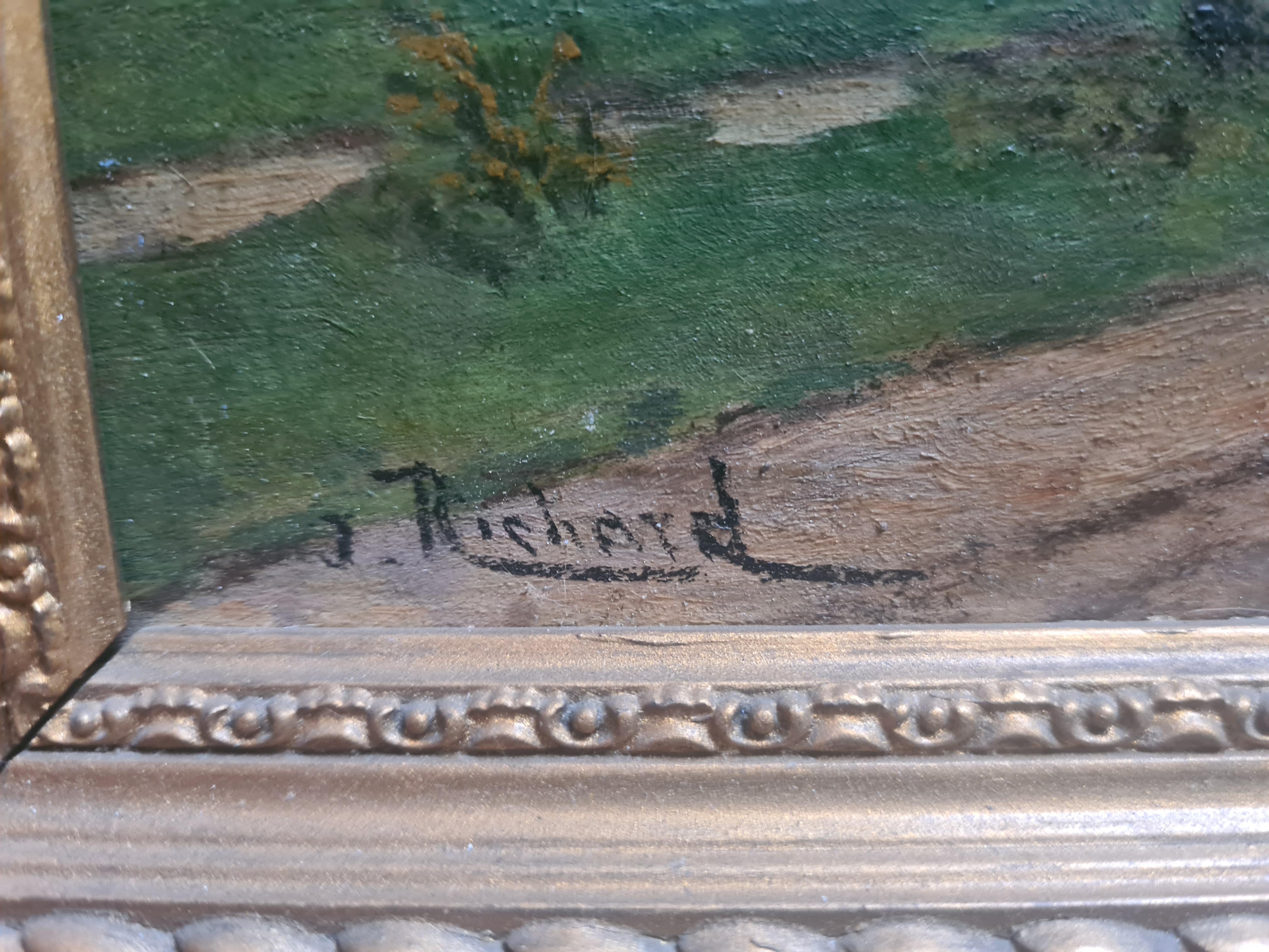 Olio su tavola della Scuola di Barbizon francese della fine del XIX secolo, raffigurante pioppi in un paesaggio di A. Richard. Il dipinto è firmato in basso a sinistra. Il dipinto è su un pannello smussato di qualità. Presentato in una bella cornice