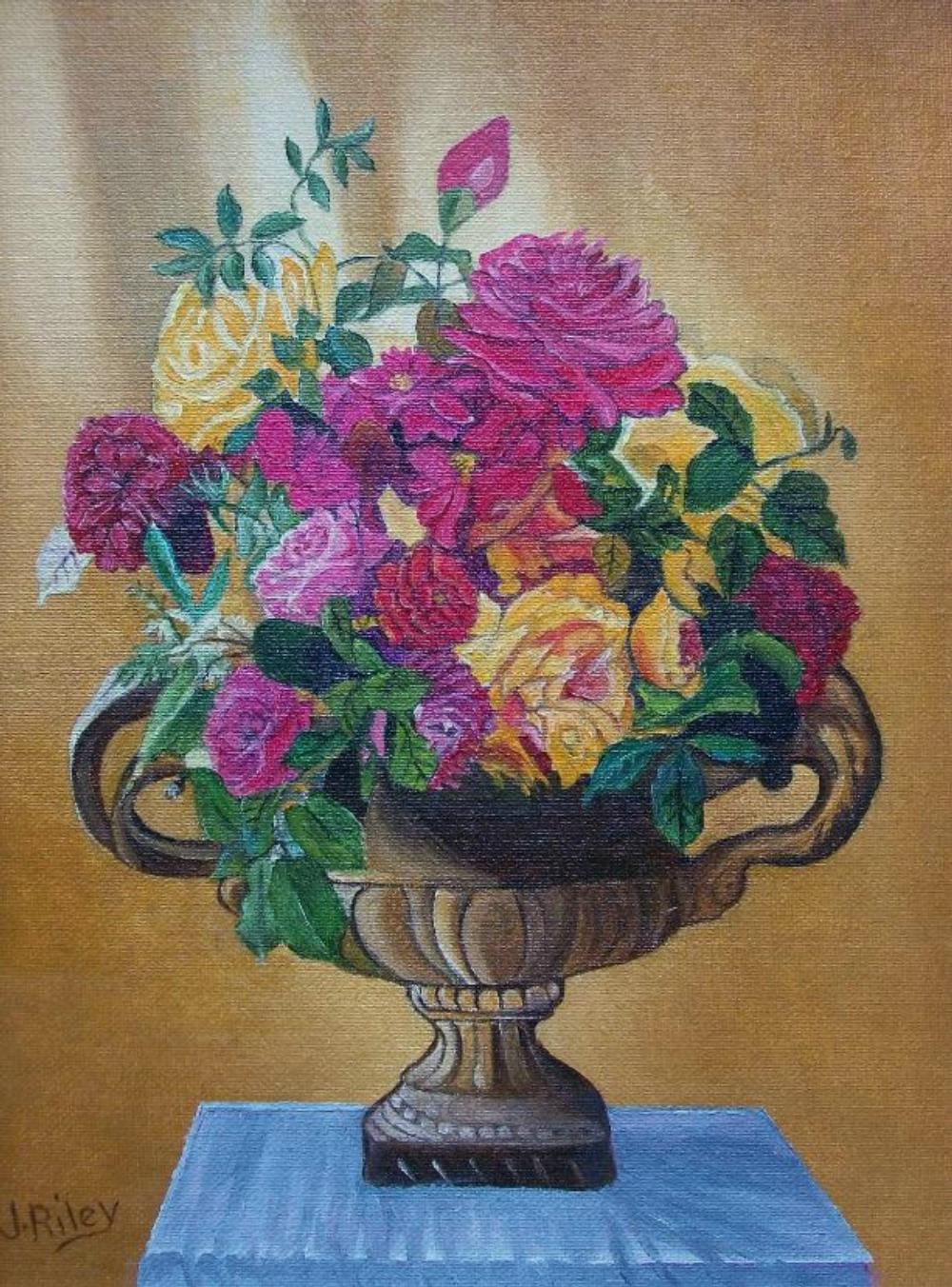 J. RILEY - Naturaleza muerta acrílica vintage sobre panel cubierto de lienzo - firmada abajo a la izquierda - sin título - contenida en un marco de roble macizo con acabado decapado blanco - Canadá - mediados/finales del siglo XX.

Excelente estado