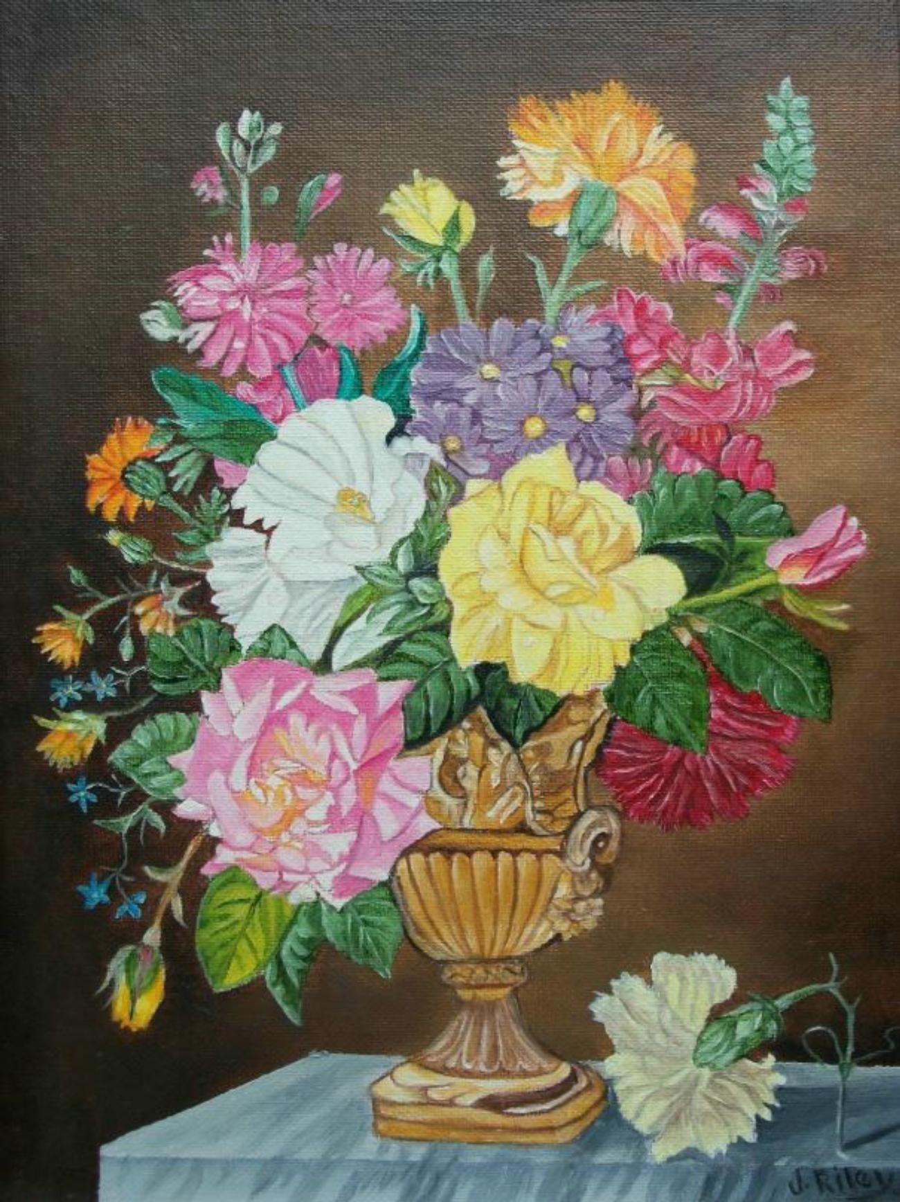 J. RILEY - Naturaleza muerta acrílica vintage sobre panel cubierto de lienzo - firmada abajo a la derecha - sin título - contenida en un marco de roble macizo con acabado decapado blanco - Canadá - mediados/finales del siglo XX.

Excelente estado