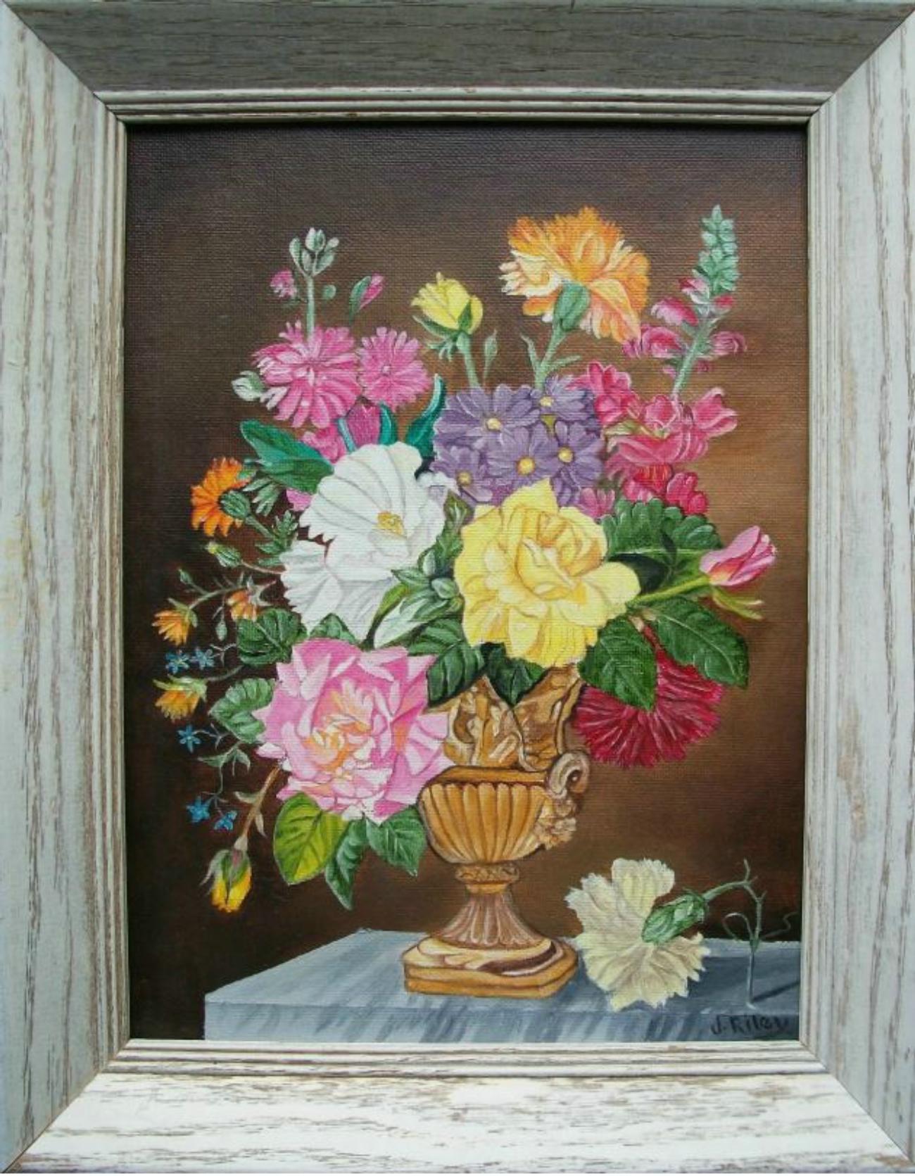 J. RILEY - Pintura de Arte Popular Naturaleza Muerta - Enmarcado - Canadá - Finales Siglo XX en Bueno estado para la venta en Chatham, ON