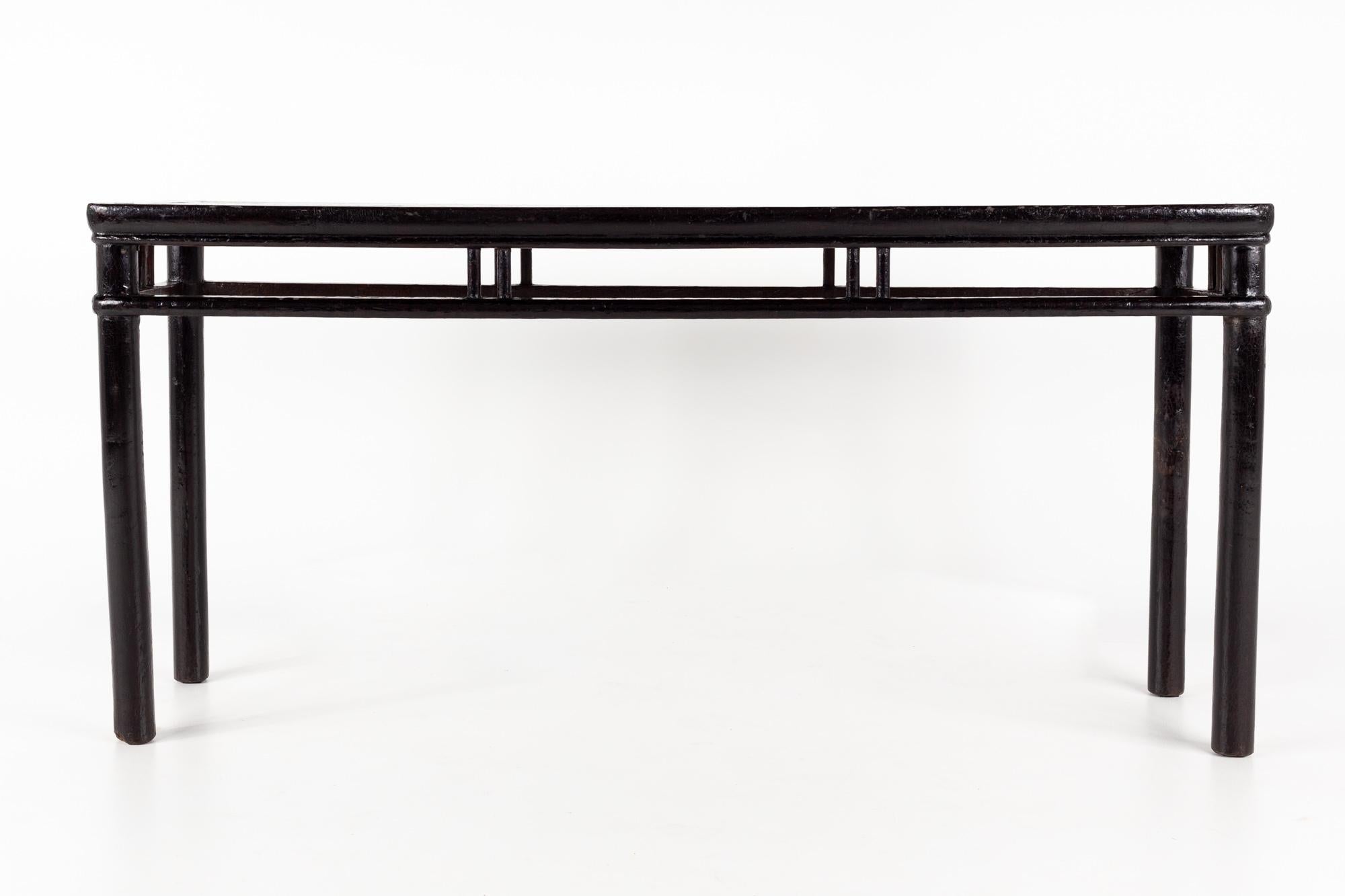 J Robert Scott Asian style console table

This table measures: 70 wide x 18.5 deep x 33.5 high, with a chair clearance of 26.5 inches

This piece is in good vintage condition with some cracks and small chips throughout the black paint. The legs