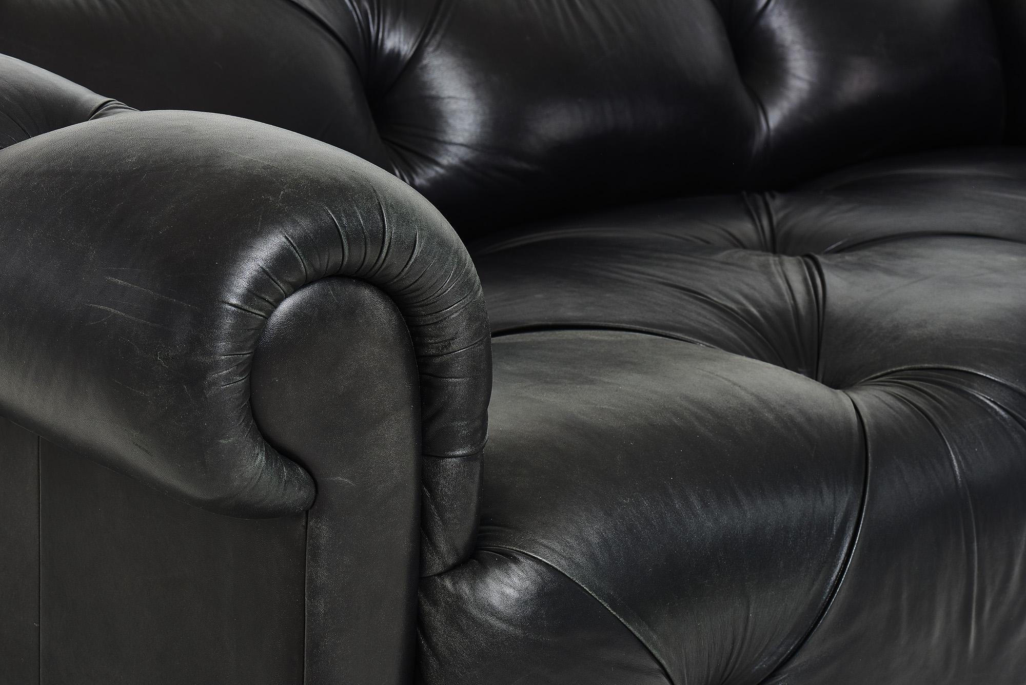 American J Robert Scott Black Leather Chesterfield Tufted Sofa