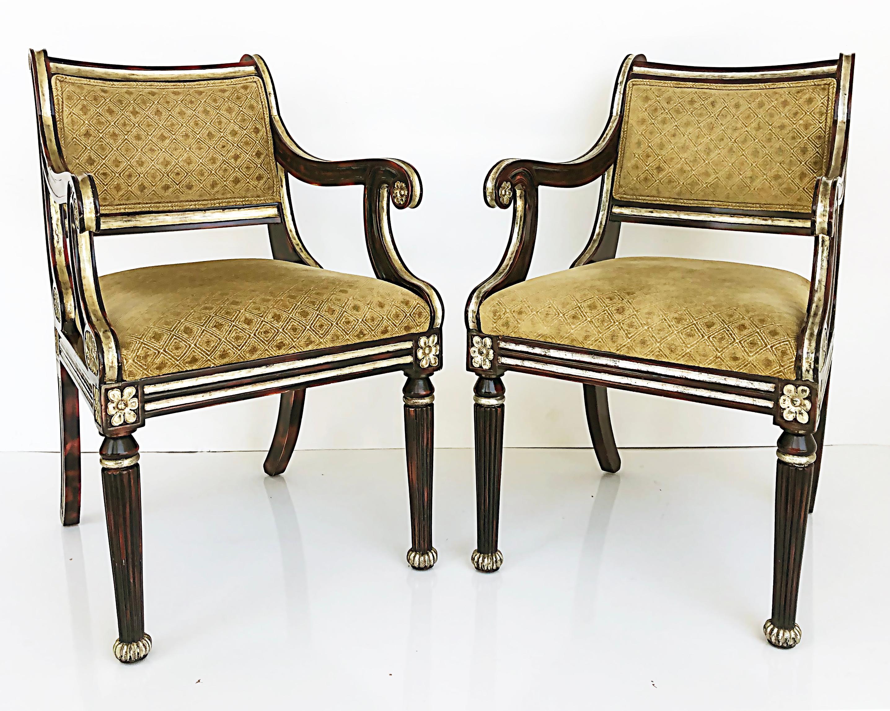 J. Robert Scott mahogany and silver leaf arm chairs, pair.

Offered for sale is an elegant pair of J. Robert Scott Mahogany and silver leaf armchairs created in a classical style. The chairs are nicely carved and are supported by tapered ribbed