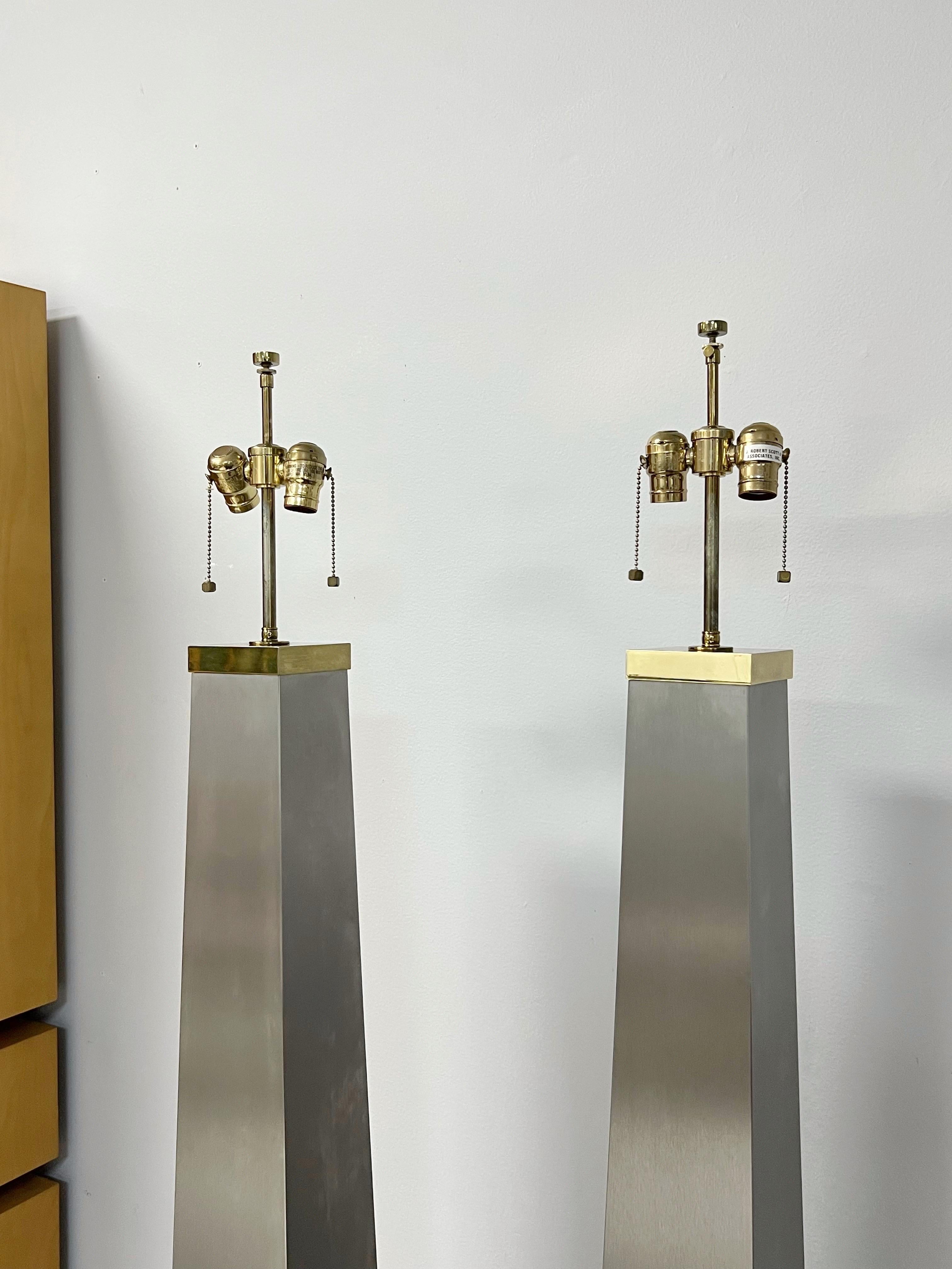 American J Robert Scott Pair of Iconic Lithic Brushed Steel and Brass Floor Lamps