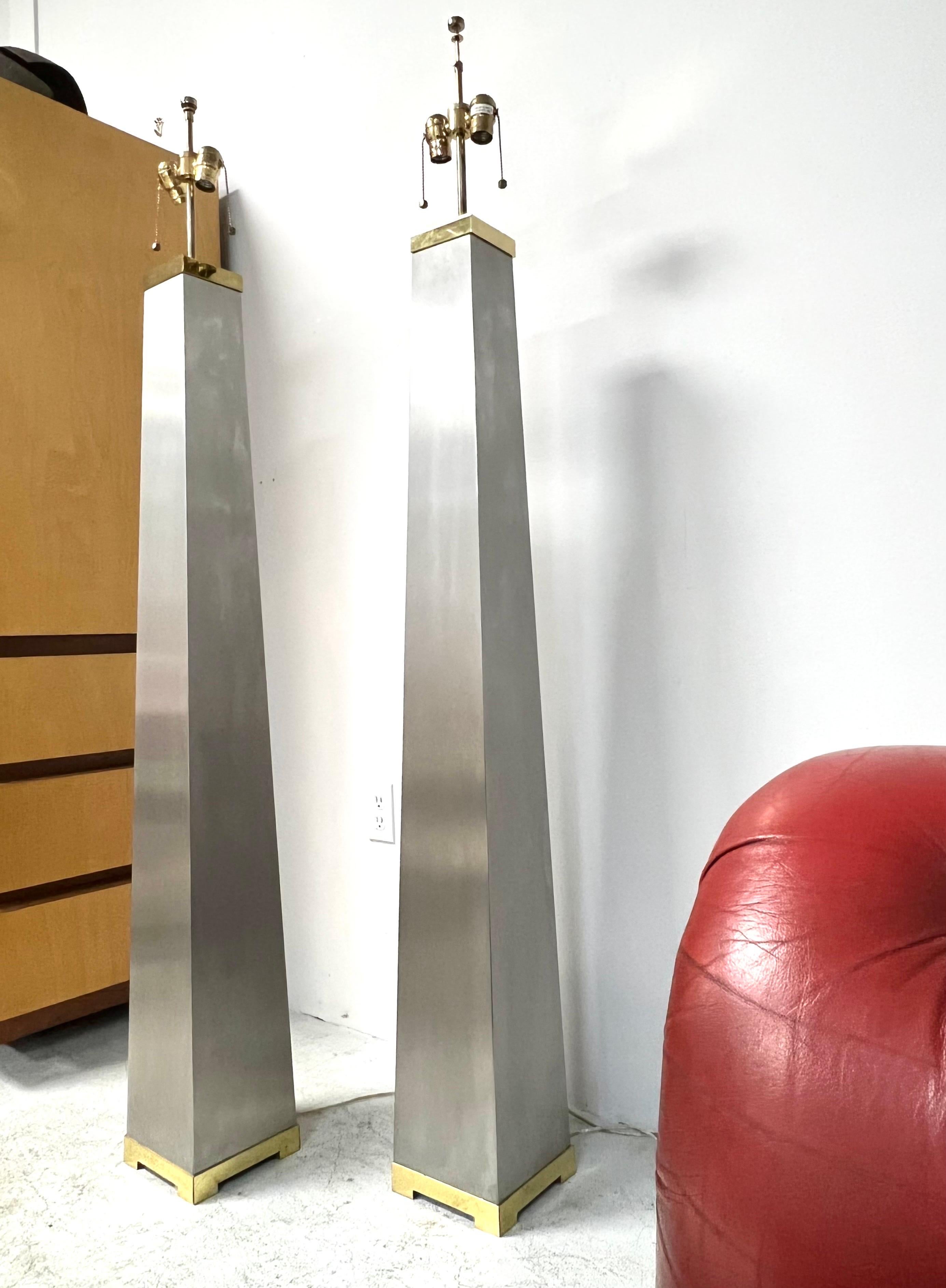 J Robert Scott Pair of Iconic Lithic Brushed Steel and Brass Floor Lamps 3