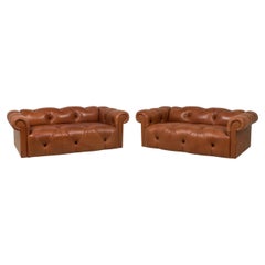 J Robert Scott Pair of Tufted Brown Leather Chesterfield Sofa