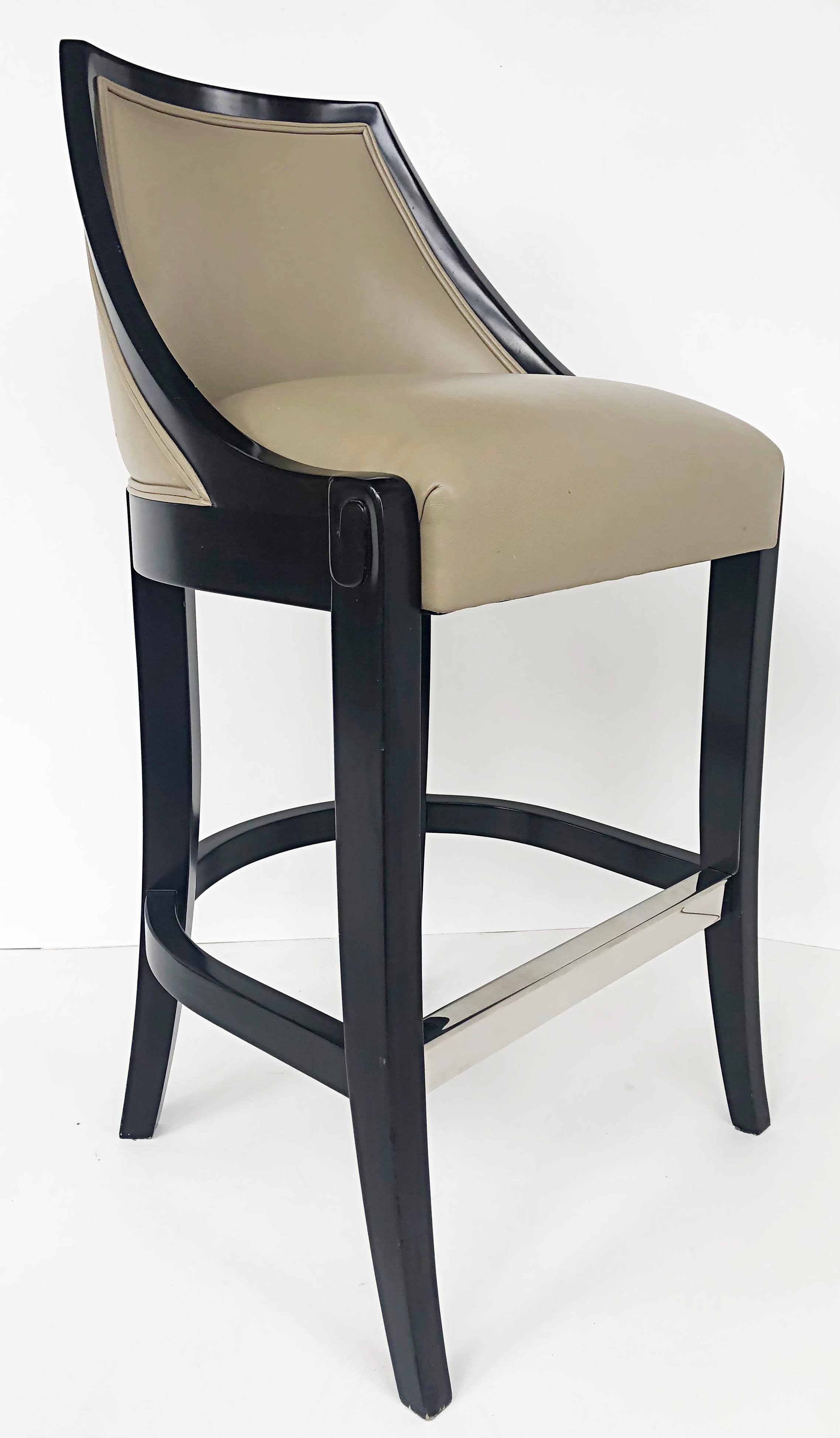 American J. Robert Scott Roma Bar Stools in Black Lacquered and Goose Down, Pair