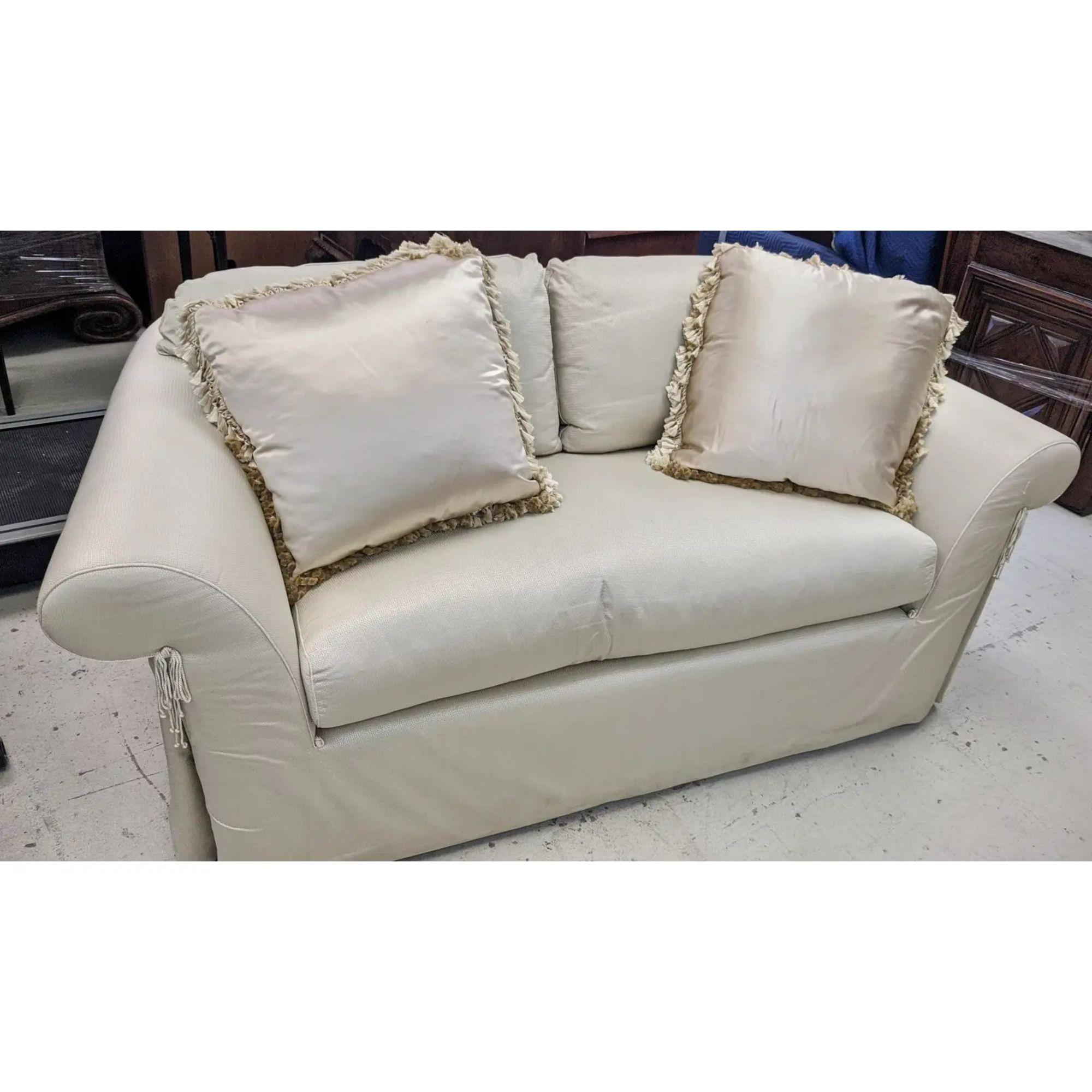 J. Robert Scott silk upholstered down filled sofa.

Additional information:
Materials: Silk
Color: Greige
Brand: J. Robert Scott
Designer: Sally Sirkin Lewis
Period: 2000 - 2009
Styles: Art Deco
Number of Seats: 2
Item Type: Vintage,