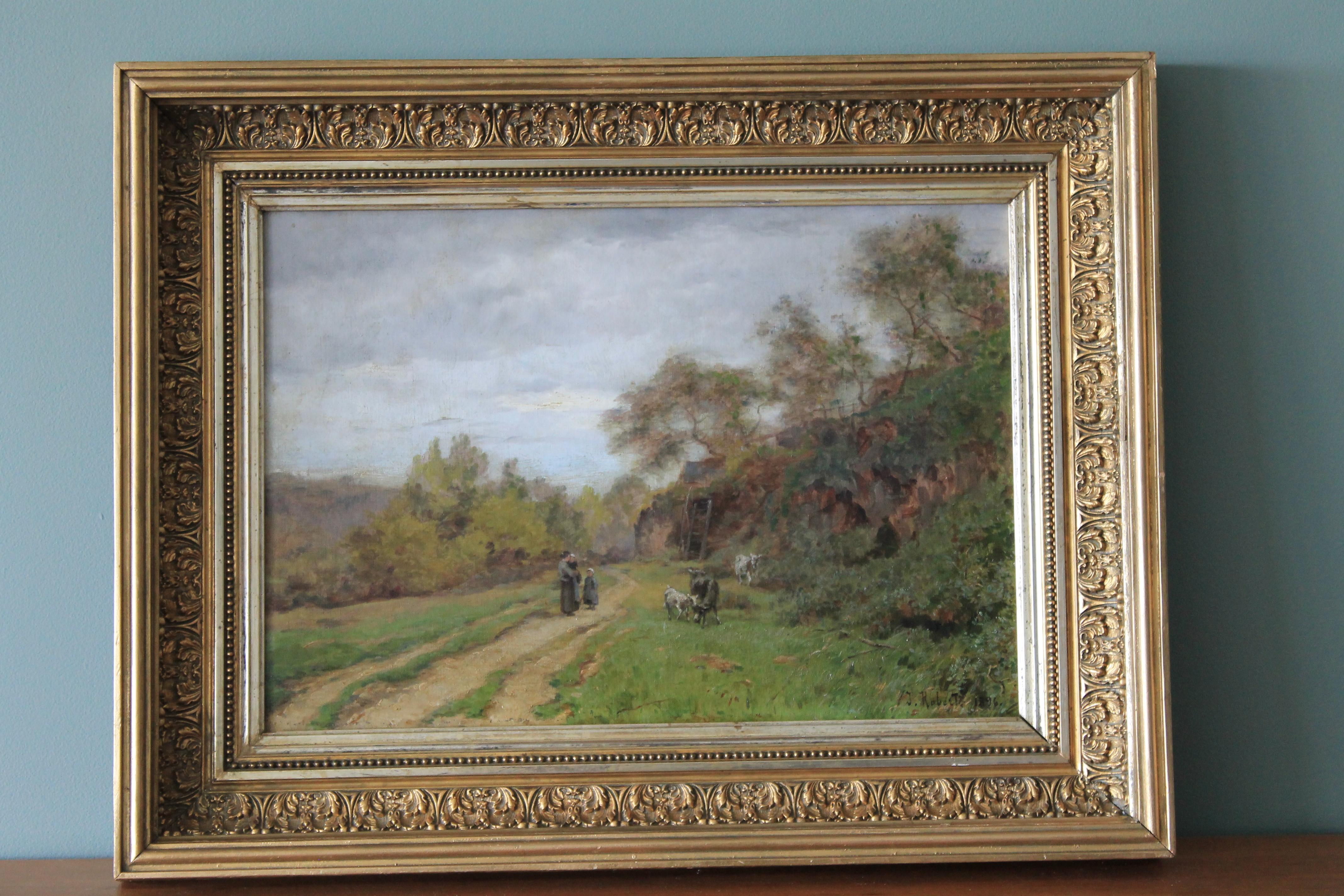 Antique French Barbizon Landscape oil painting by J Roberts 1896 1