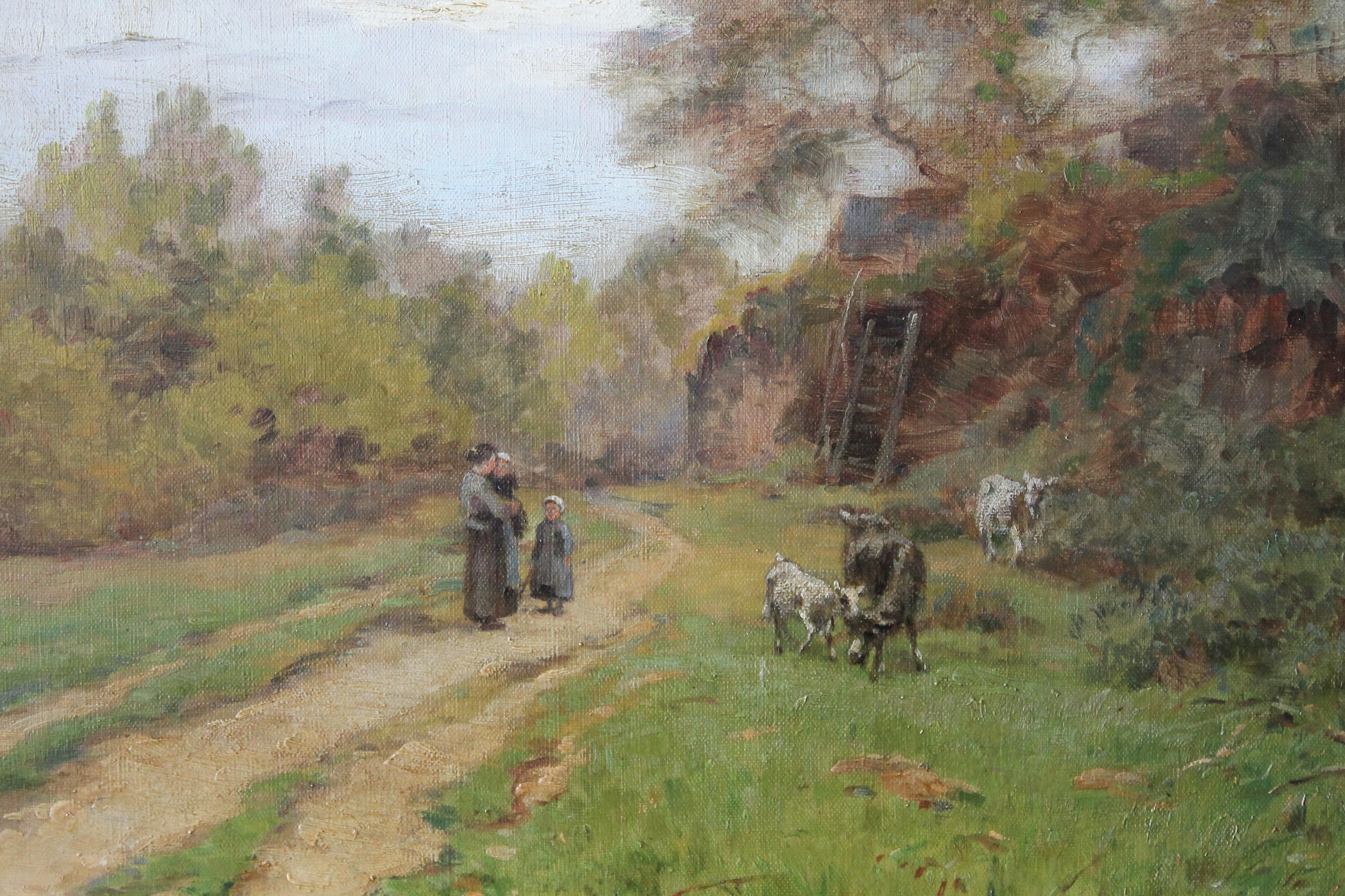 Antique French Barbizon Landscape oil painting by J Roberts 1896 3