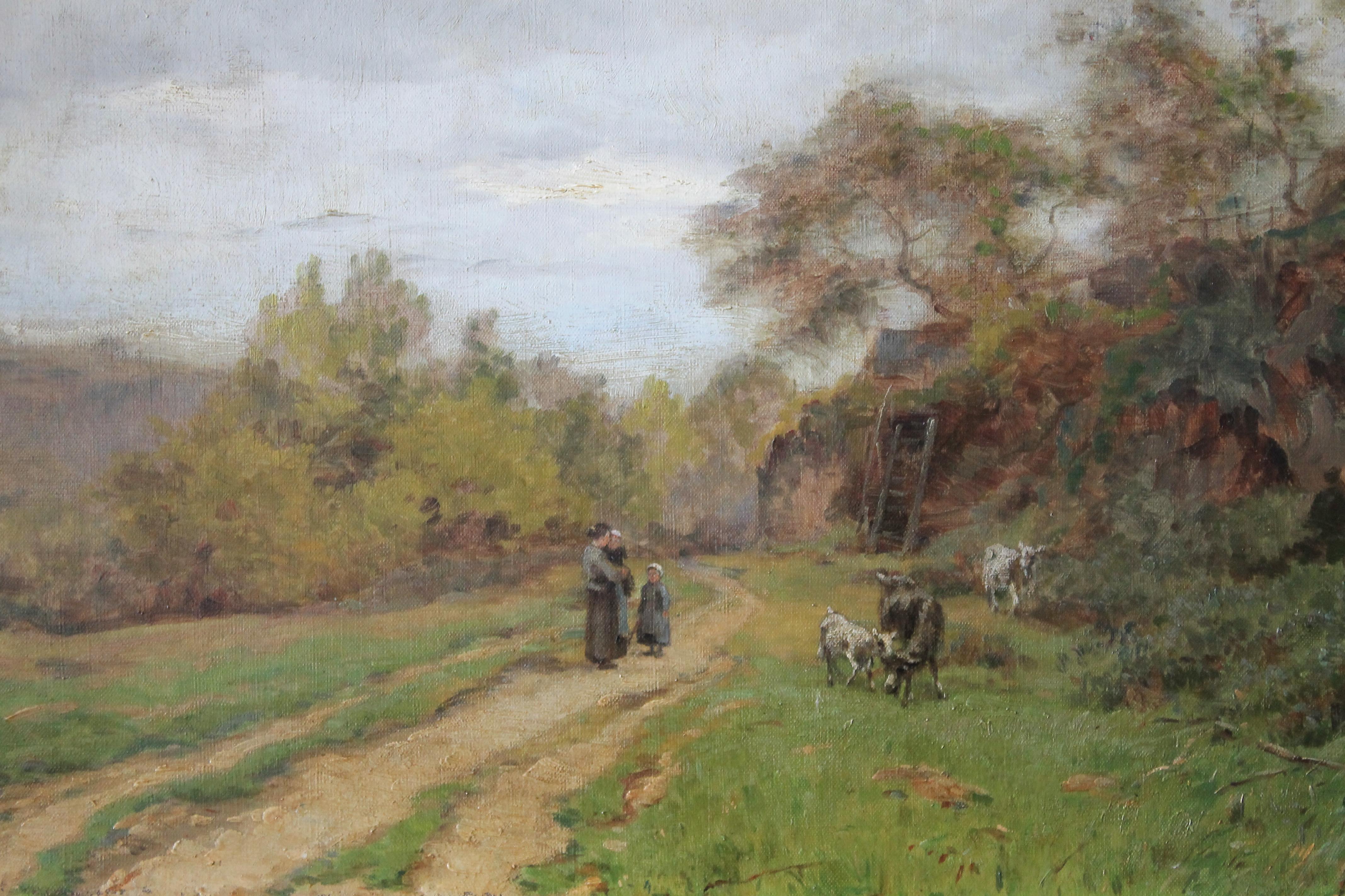 Antique French Barbizon Landscape oil painting by J Roberts 1896 6