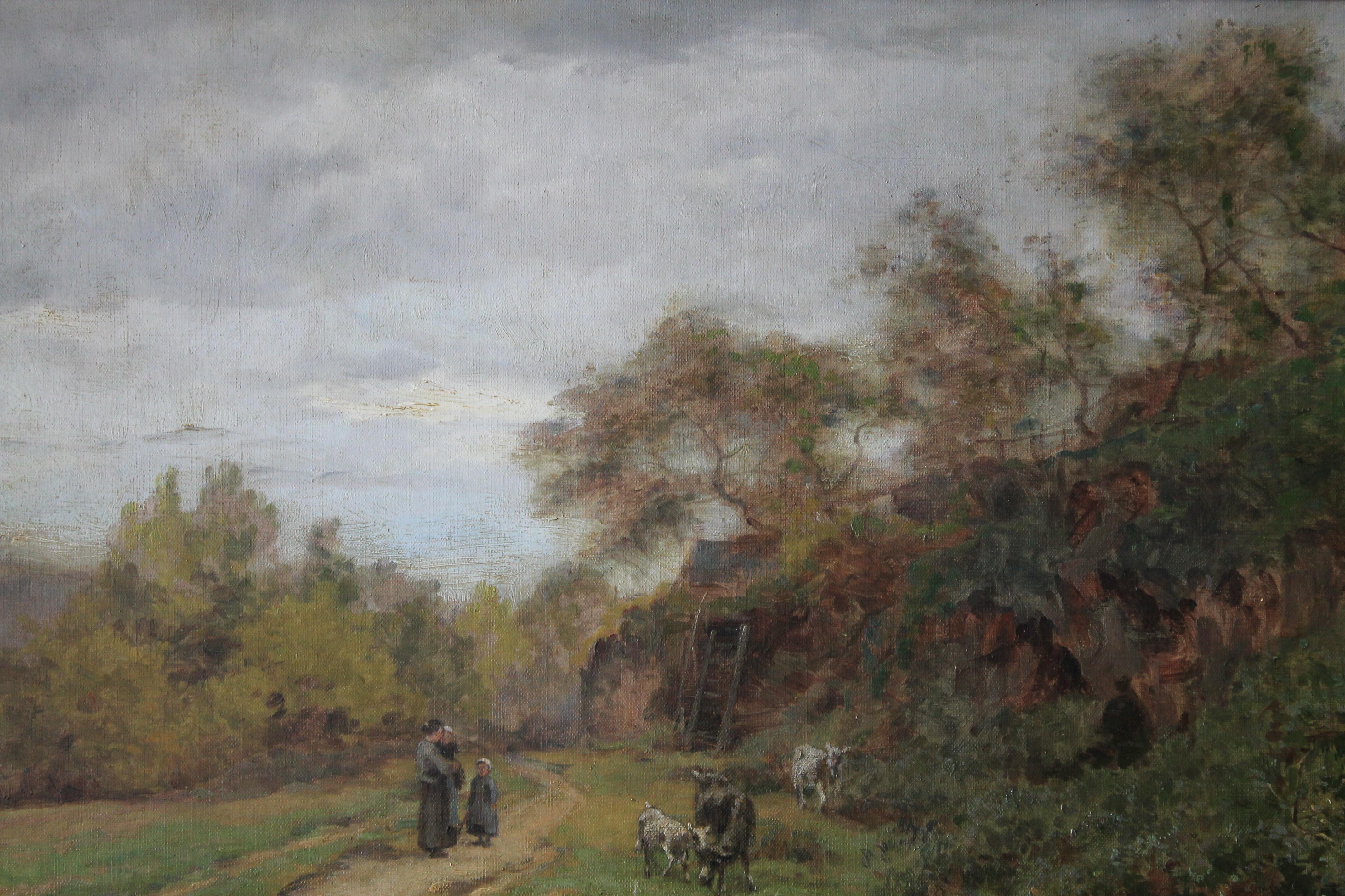 Antique French Barbizon Landscape oil painting by J Roberts 1896 7