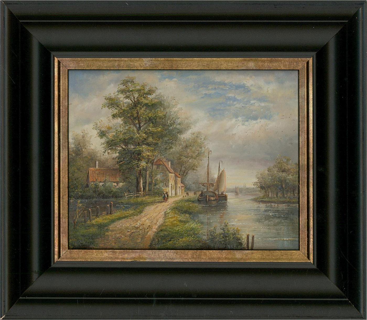 A charming oil showing some figures walking through a village via the river path past the boats moored up on the edge. Well presented in a modern black frame with gilt trim.
On board.