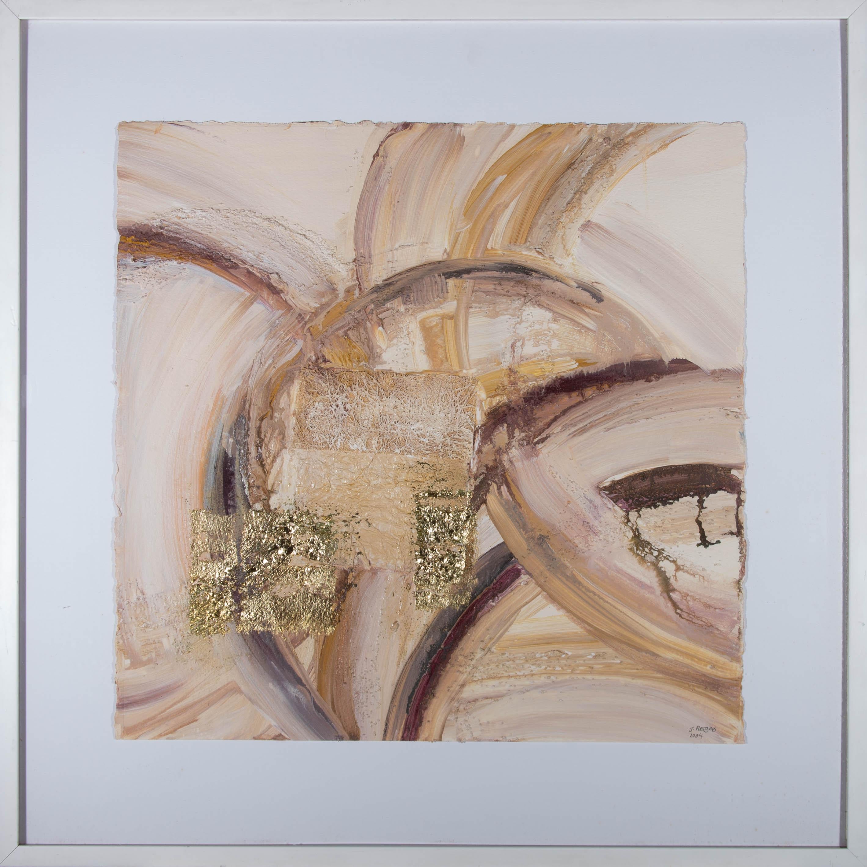 This dynamic composition depicts sweeping acrylic brush strokes onto textured paper. Using a nude colour palette heightened with gold leaf, this piece has luxurious undertones. The artist has placed a mixture of string, rubble and tissue paper under