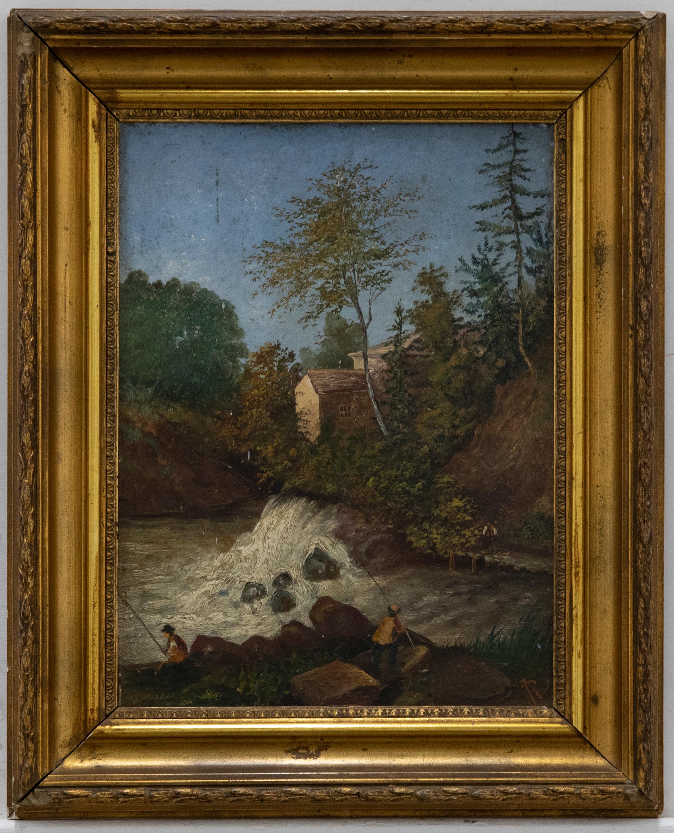 A charming scene depicting two anglers at the base of a weir on a summer's day. The artist captures the scene with a naïve charm in the simple details of the landscape. Signed and illegibly dated to the lower right. Presented in a gilt frame with