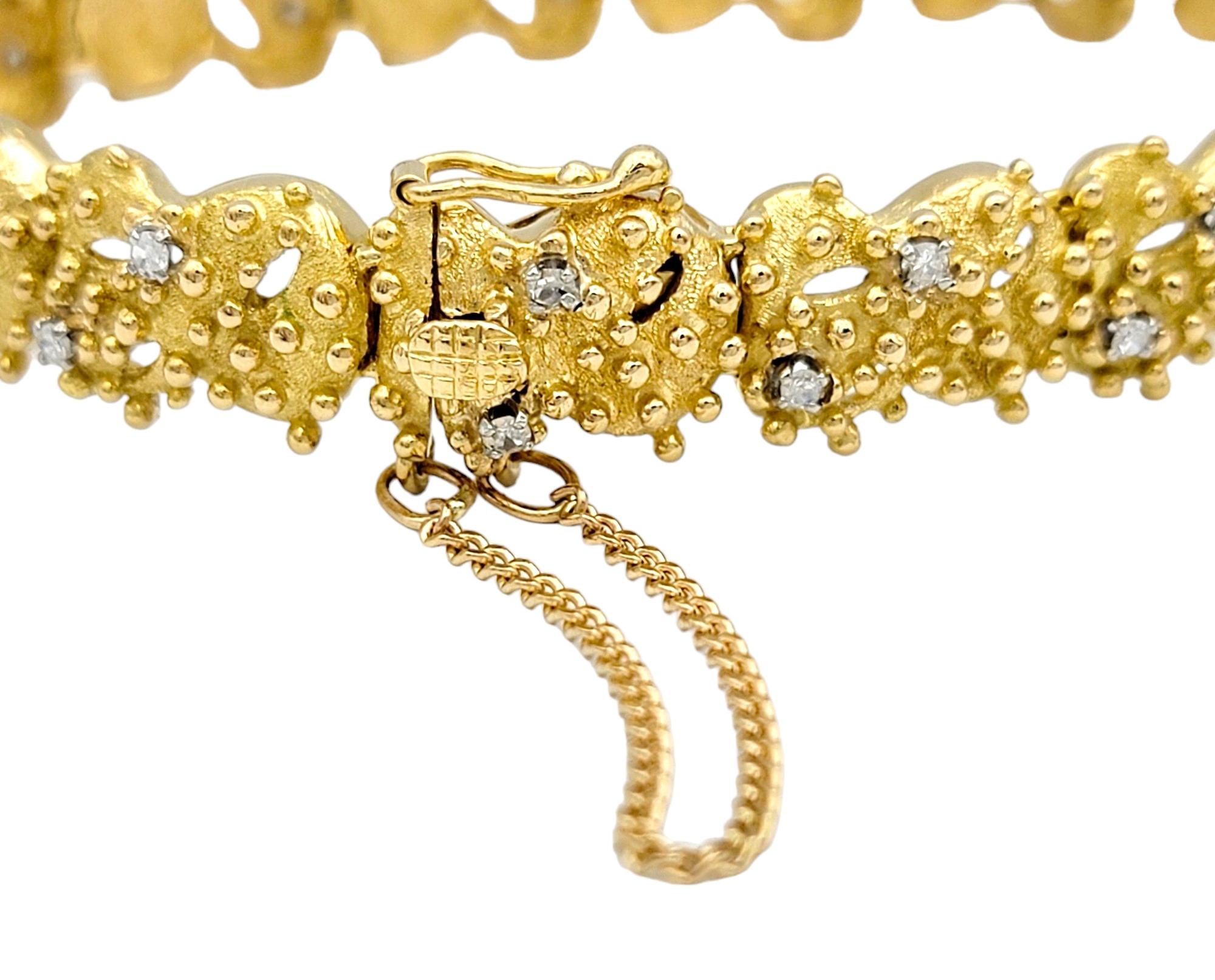 Round Cut J. Rossi Diamond Link Bracelet with Granulated Design in 18 Karat Yellow Gold For Sale