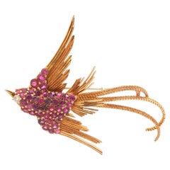 J. Rossi Ruby and Diamond Bird-in-Flight Brooch in 18k Yellow Gold