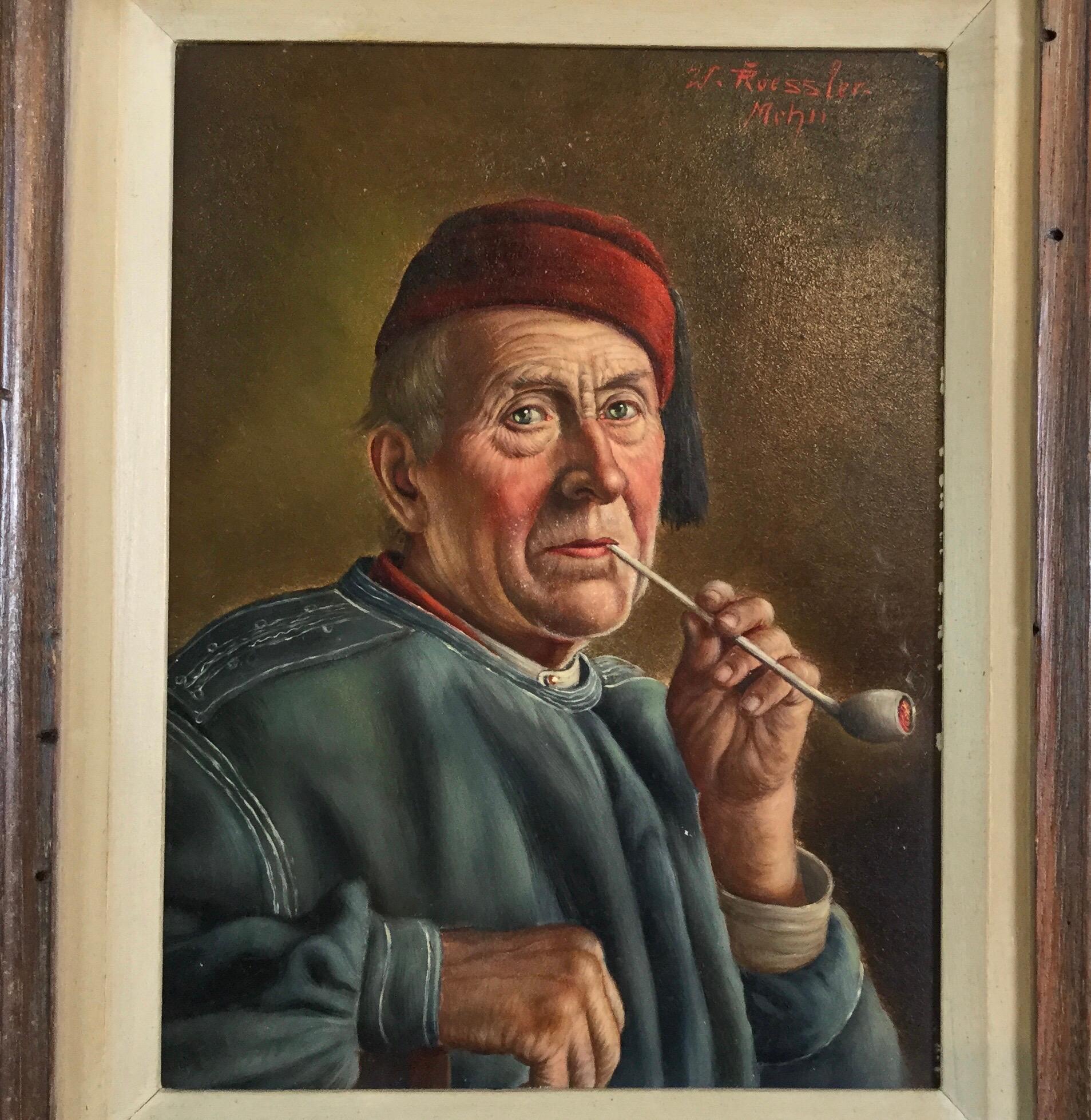 J. Rossler portrait of a gentleman with pipe oil painting on board. Signed upper right corner. Overall size: 14