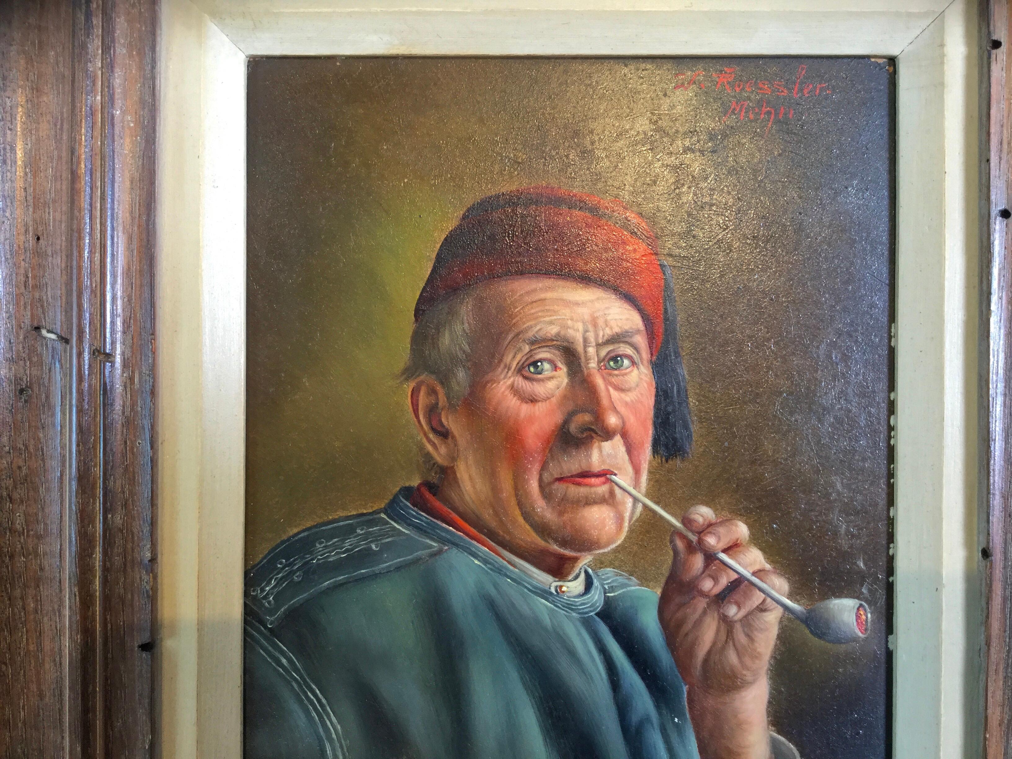 J. Rossler Portrait of a Gentleman with Pipe Oil Painting on Board In Excellent Condition In Lambertville, NJ