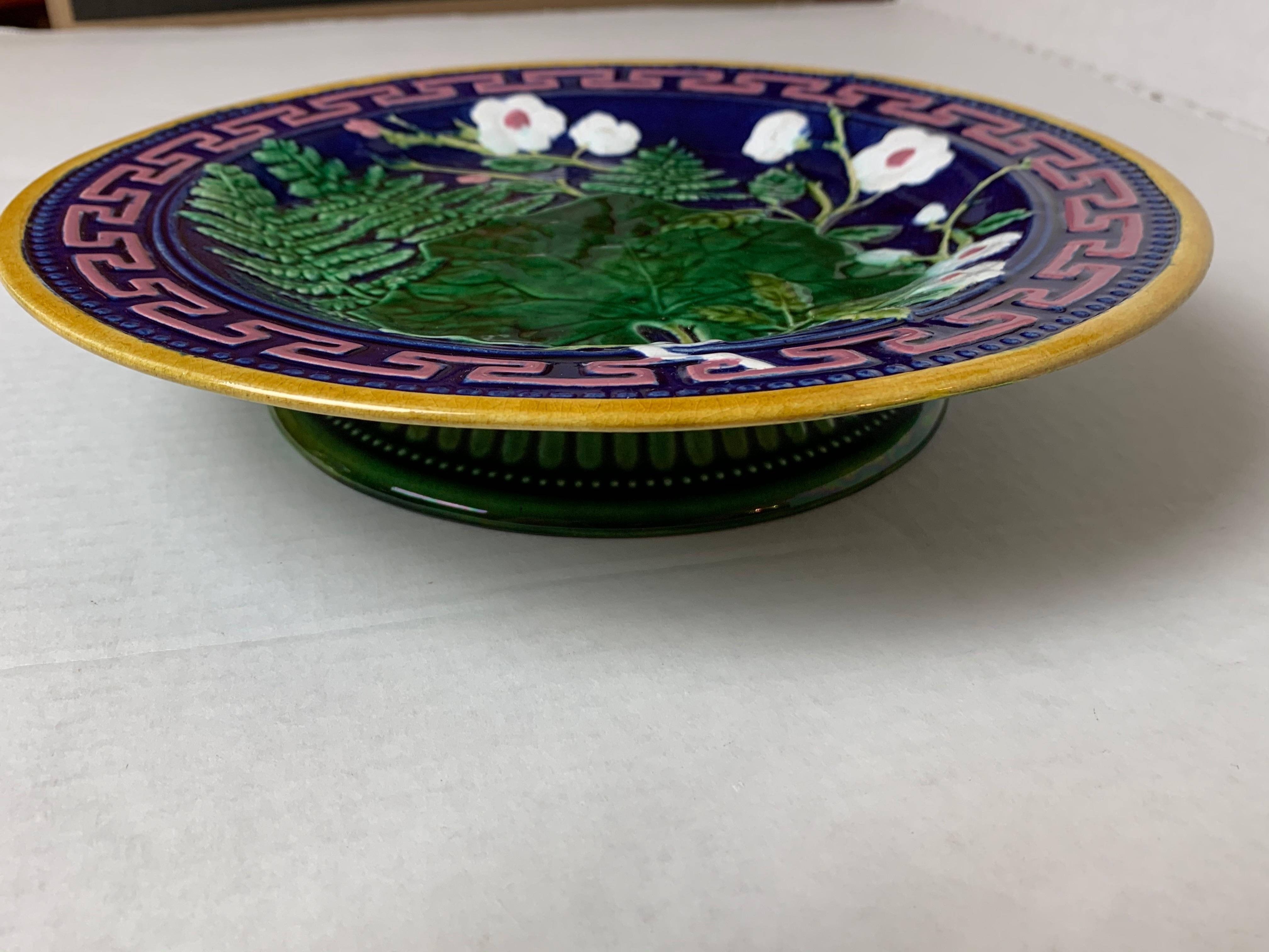 Late 19th Century J. Roth London Majolica Taza Greek Key in Pink on Cobalt Blue, English For Sale