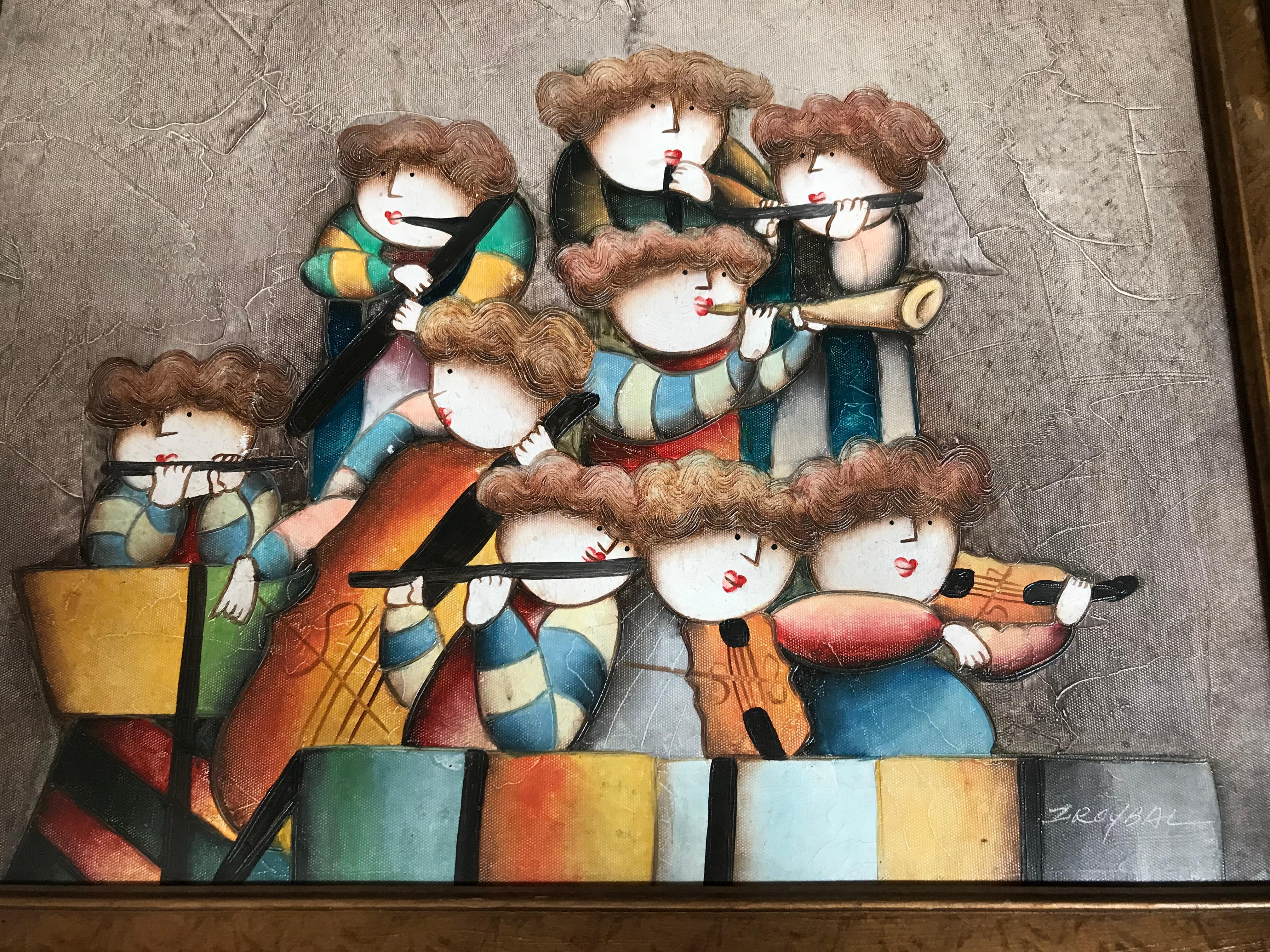 Whimsical painting of Child Musicians Orchestra. Perfect for a kid room!
