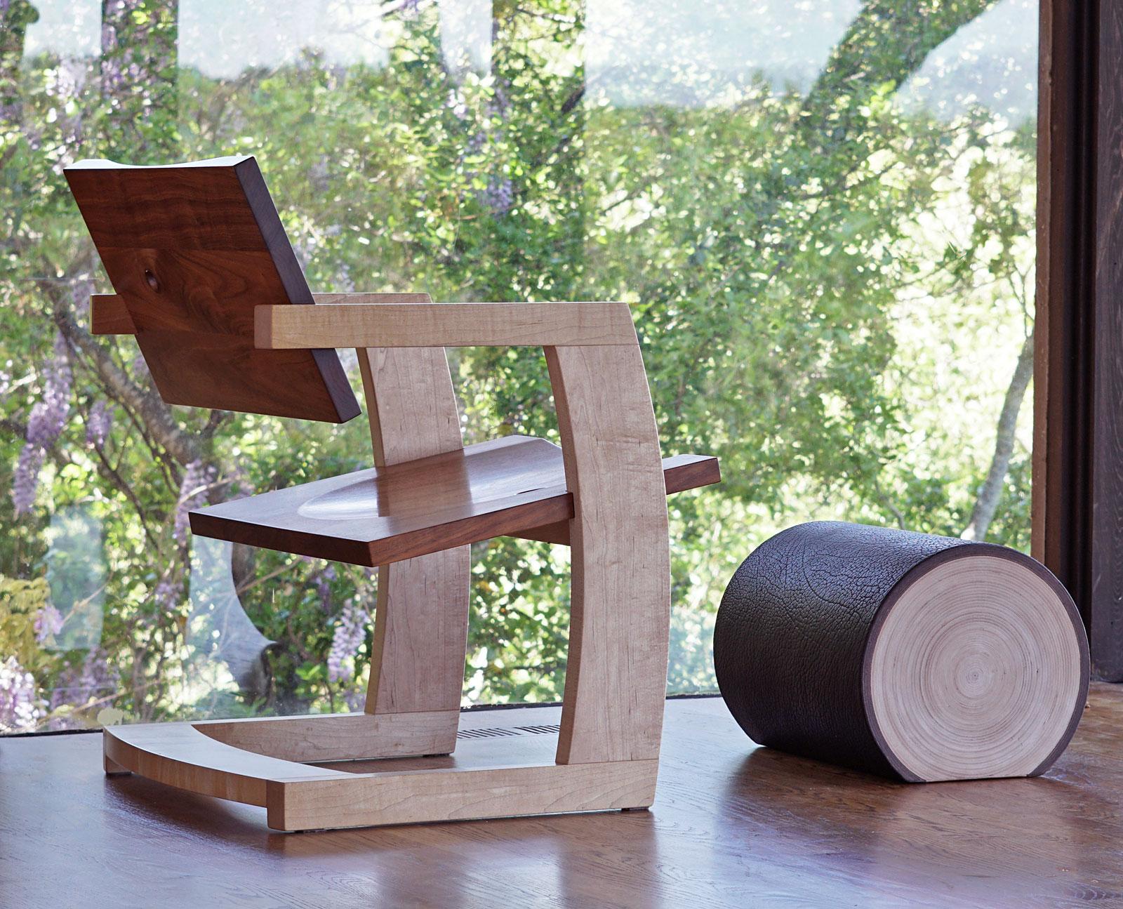 Carved J. Rusten Studio-crafted Palo Alto Cantilevered Lounge Chair in Walnut and Maple For Sale