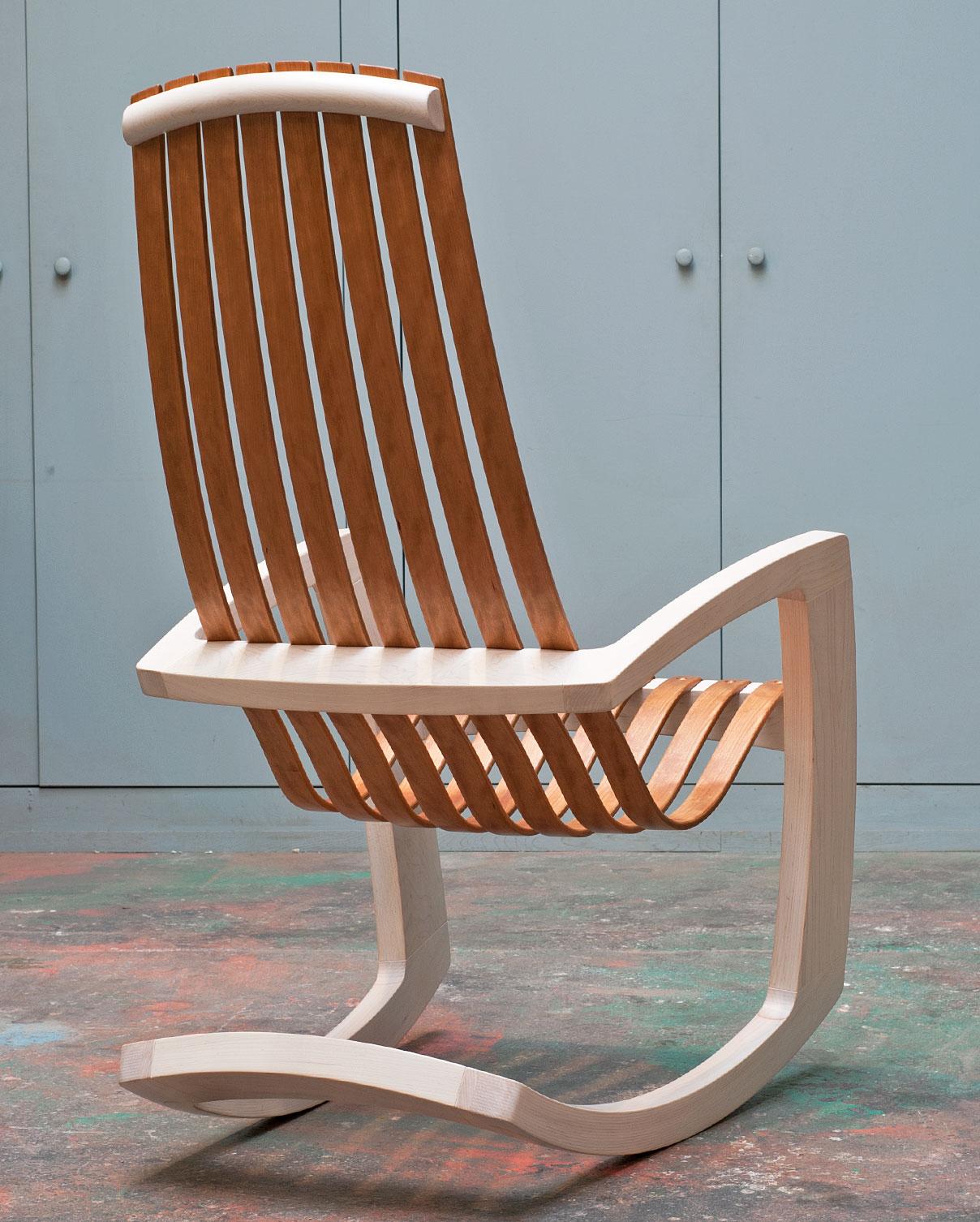 American J. Rusten Studio-Crafted Sculptural Modern Rocking Chair in Maple and Cherry For Sale