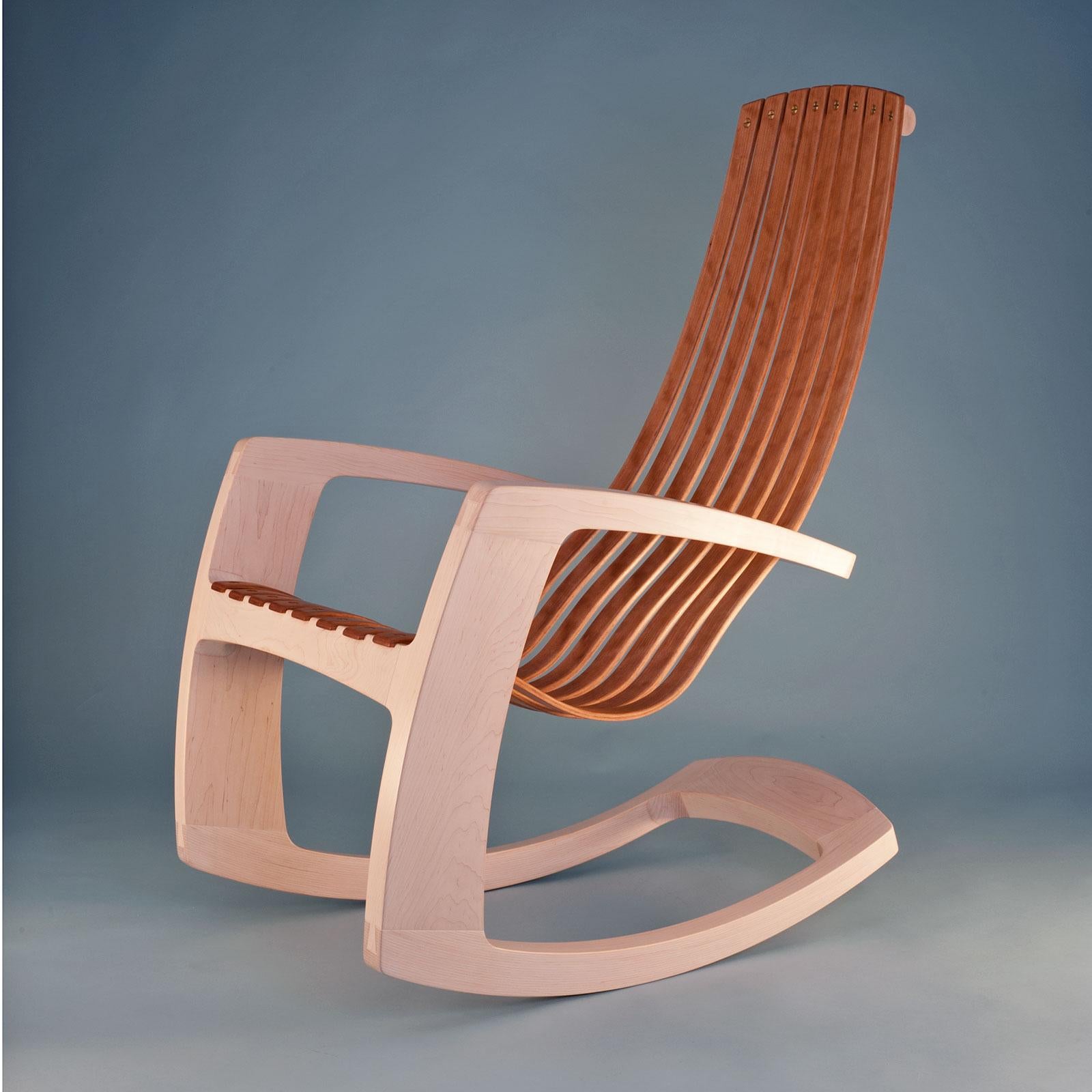J. Rusten Studio-Crafted Sculptural Modern Rocking Chair in Maple and Cherry In New Condition For Sale In Stockton, CA