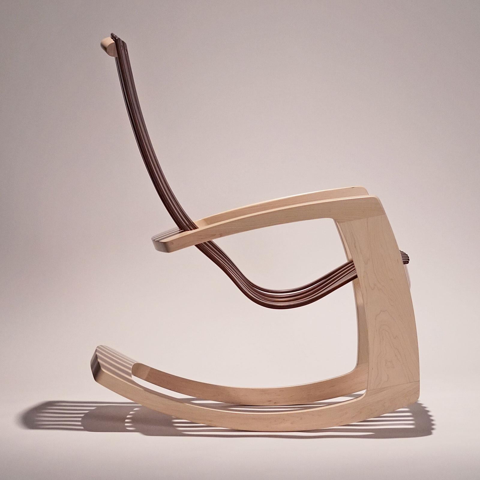 J. Rusten Studio-crafted Sculptural Modern Rocking Chair in Maple and Walnut For Sale 5