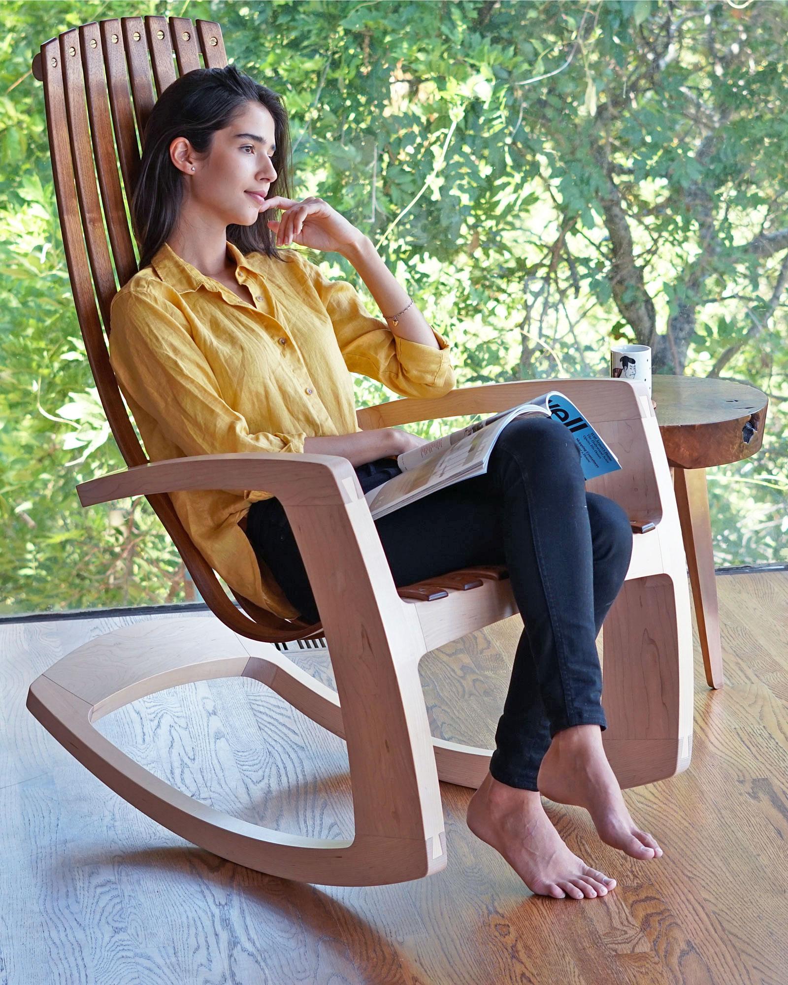 When we set out to design the modern rocking chair we followed a series of directives: it must be extremely comfortable with no upholstery. It must have a high enough back to allow a tall person to rest their head, it must have a sense of visual