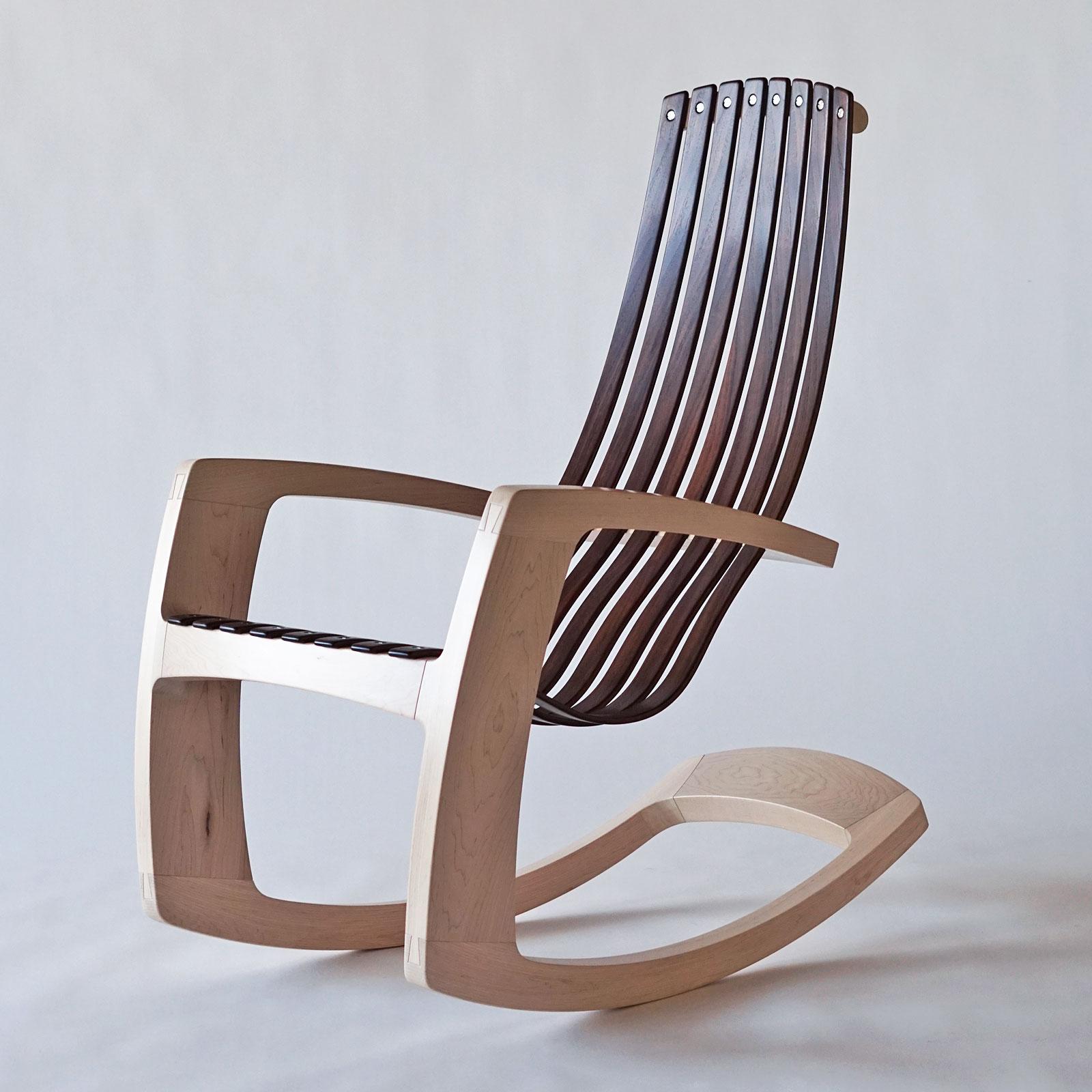Hand-Crafted J. Rusten Studio-crafted Sculptural Modern Rocking Chair in Maple and Walnut For Sale