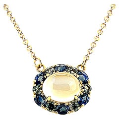 Rainbow Moonstone, Blue Sapphire and Spinel Necklace in Yellow Gold, 4.71 Carats