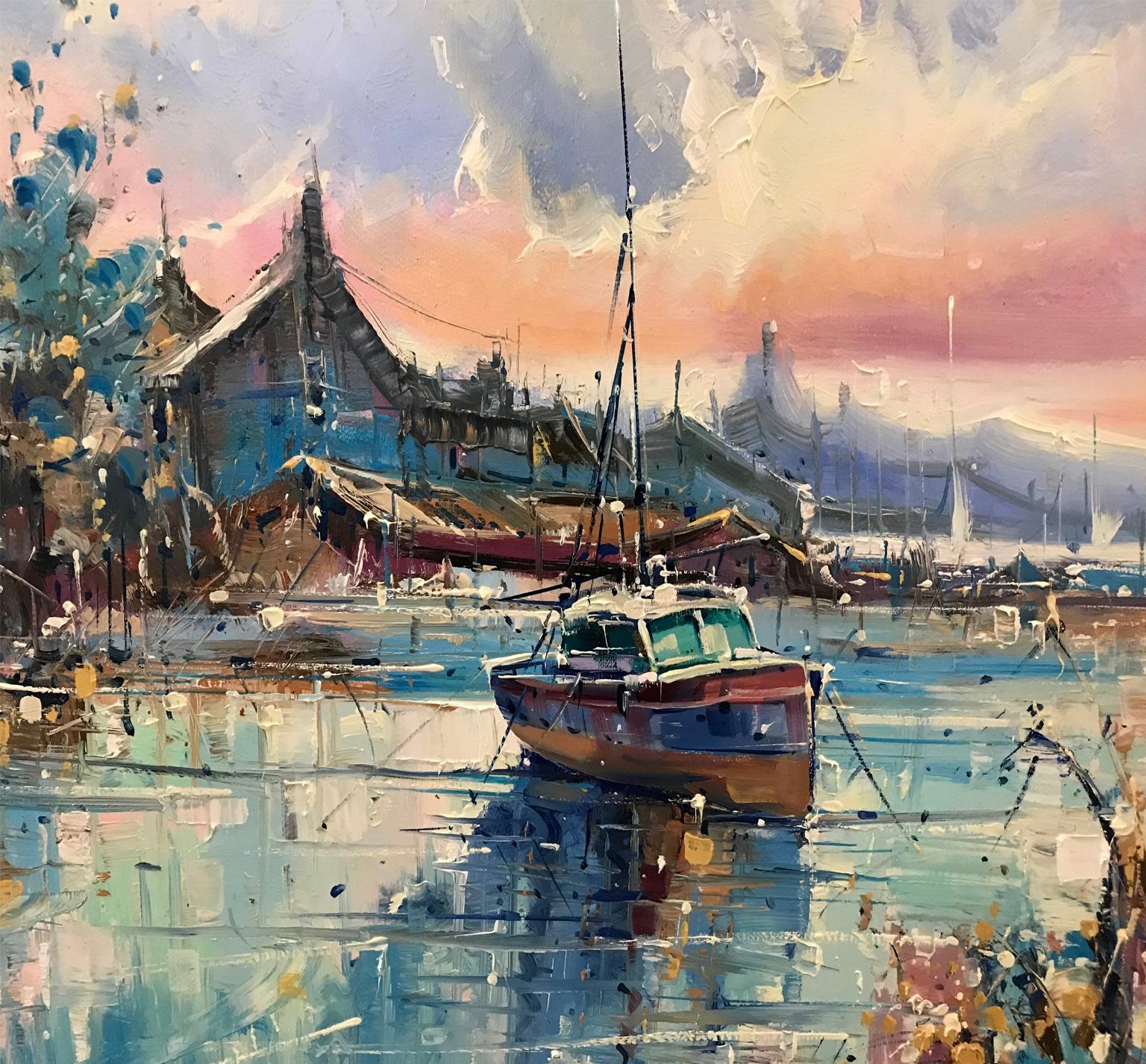 SEASCAPE, HARBOUR, FISHING BOATS  - Impressionist Painting by J. Sanchis