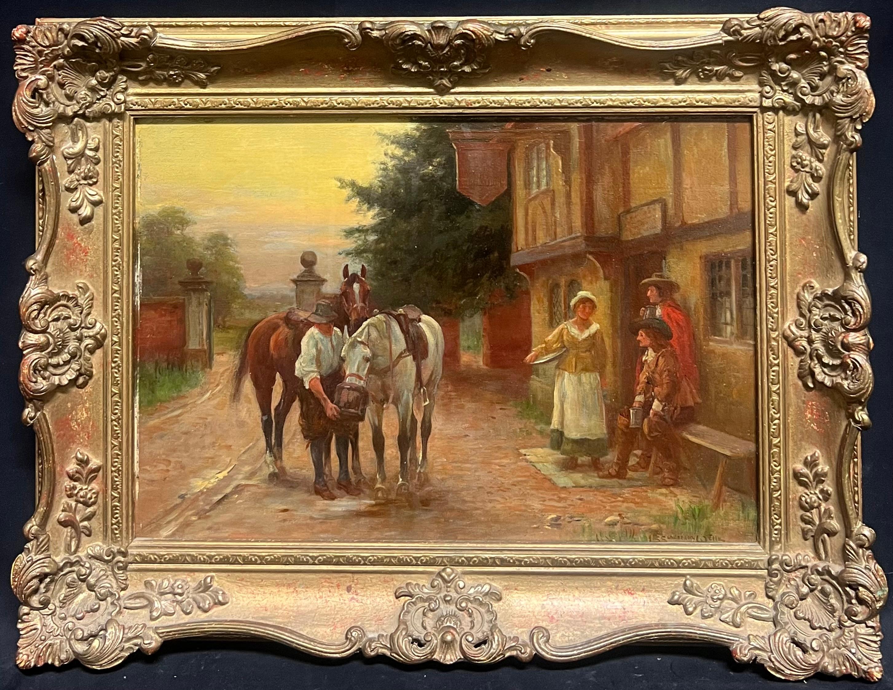 Pintura al óleo victoriana Hombres de caballería descansando Taberna de pueblo Posada al borde de la carretera - Painting de J Sanderson Wells